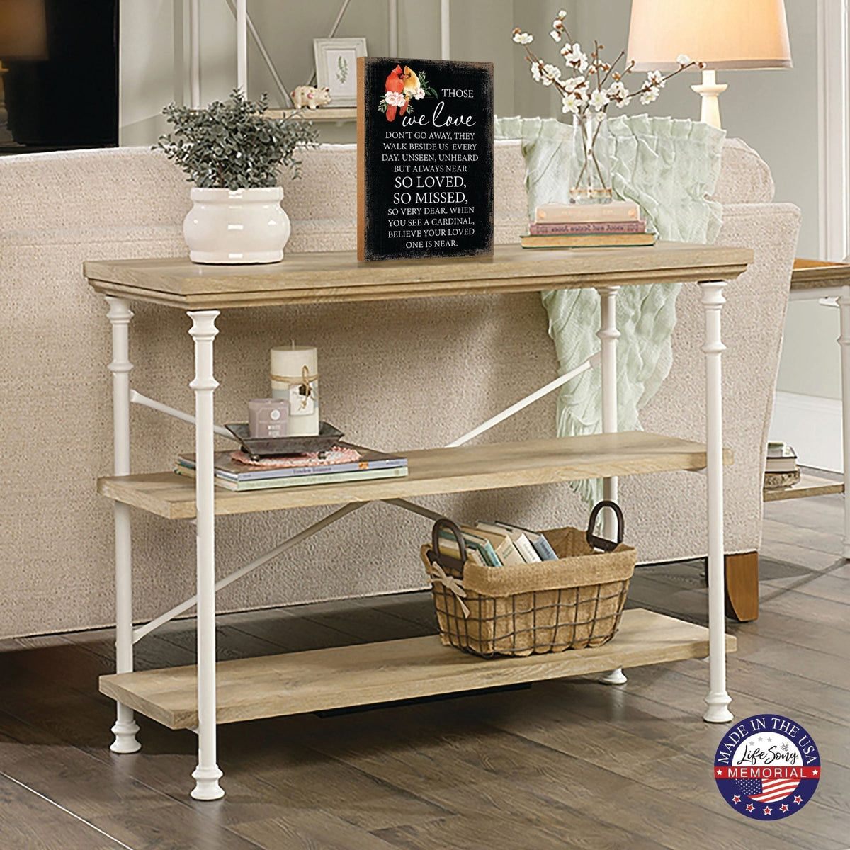 Wooden memorial shelf decor and tabletop memorial decorations to cherish the memory of a loved one.