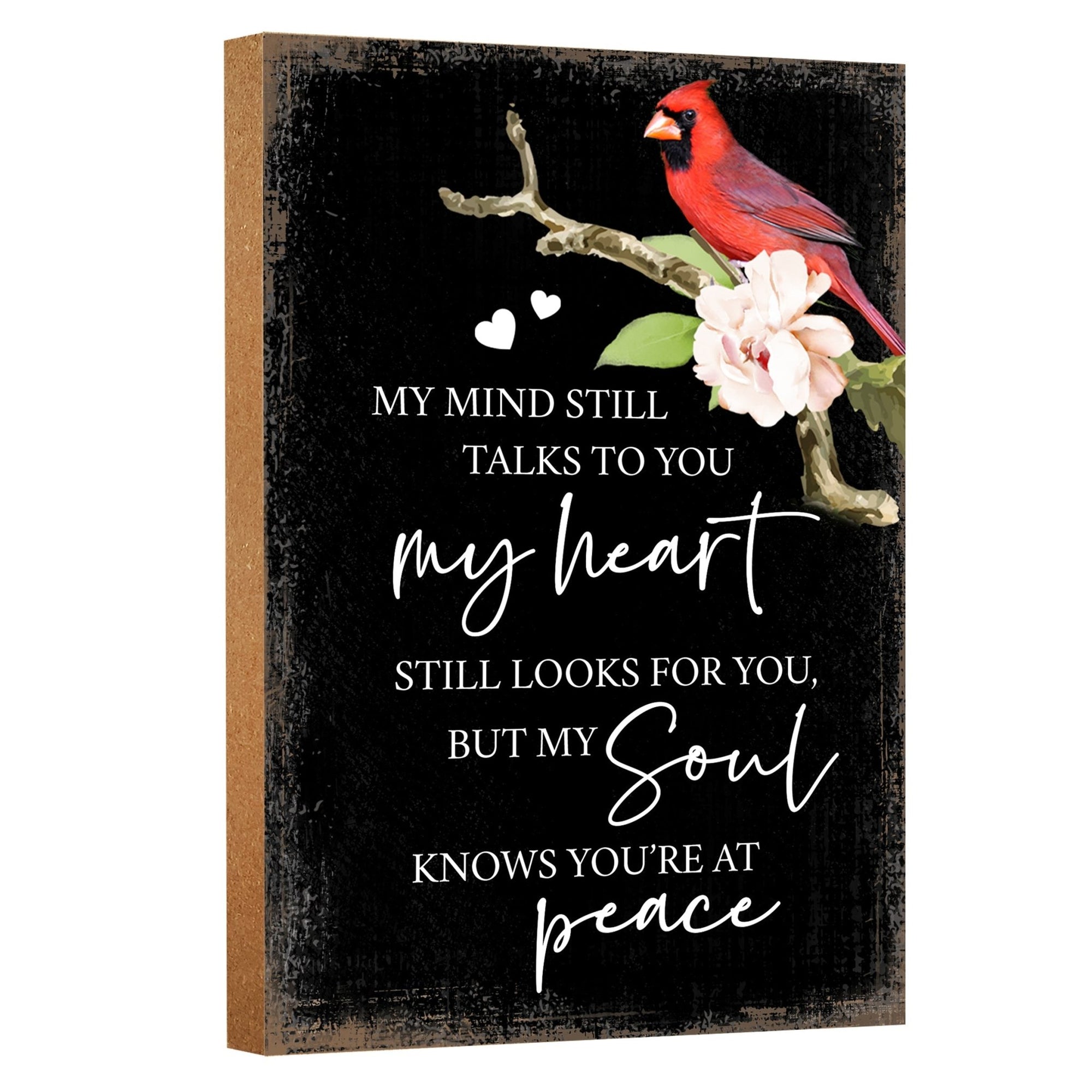 A tabletop memorial sign featuring a beautiful cardinal, a touching memorial gift for the loss of a loved one.