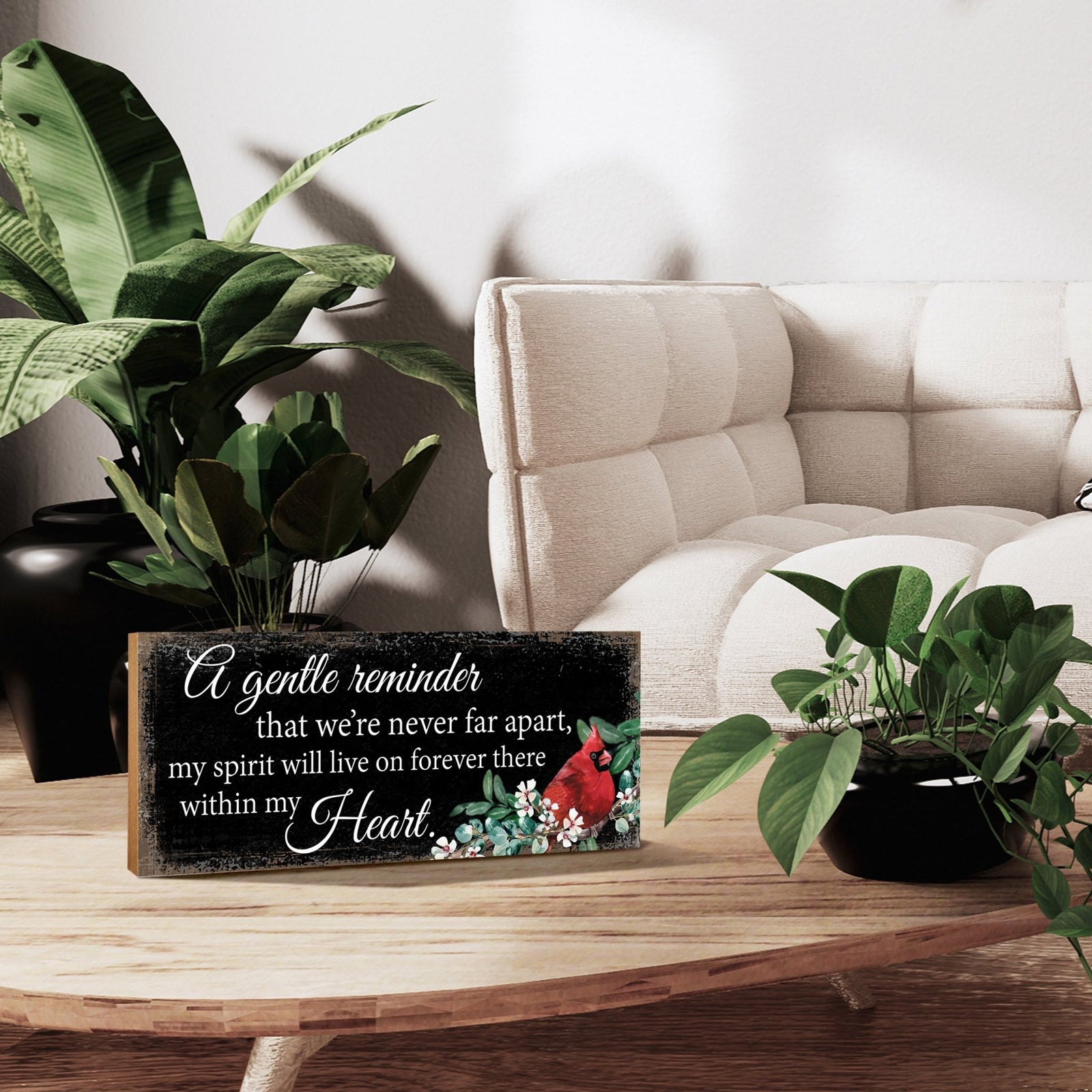 A tabletop memorial sign featuring a beautiful cardinal, a touching memorial gift for the loss of a loved one.