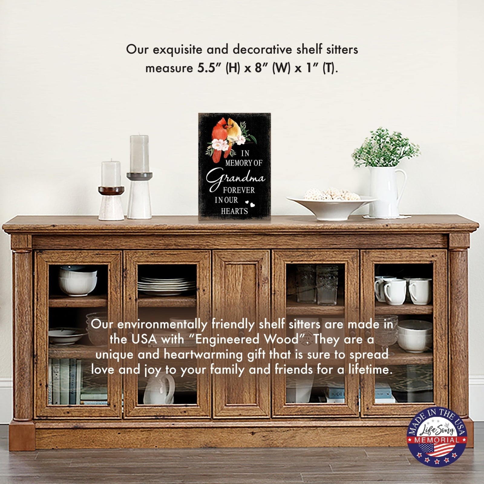 Wooden memorial shelf decor and tabletop signs, thoughtful memorial gifts for those grieving the loss of a loved one.