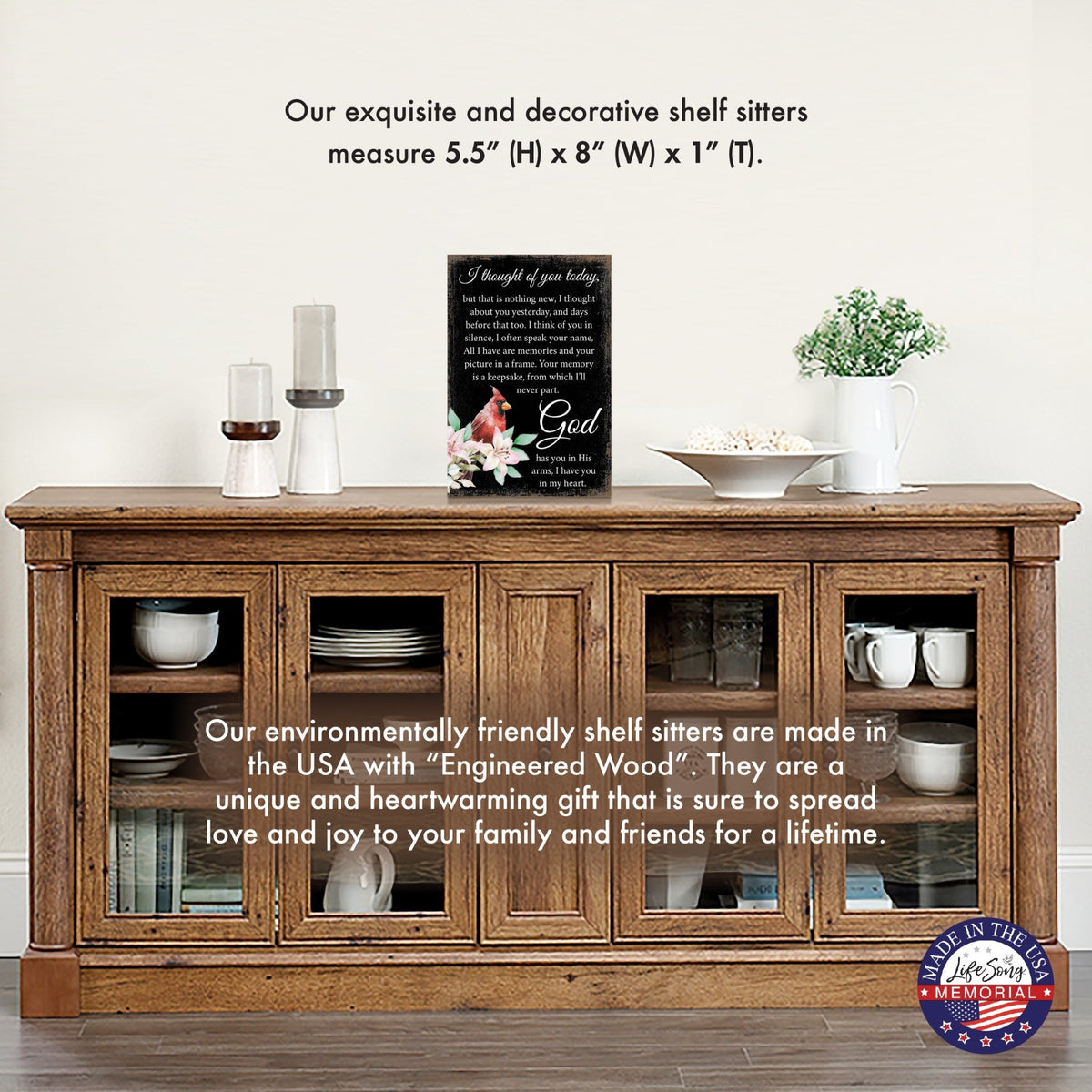Wooden memorial shelf decor and tabletop signs, thoughtful memorial gifts for those grieving the loss of a loved one.