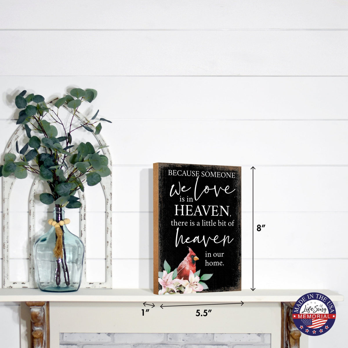 Wooden memorial shelf decor and tabletop memorial decorations to cherish the memory of a loved one.