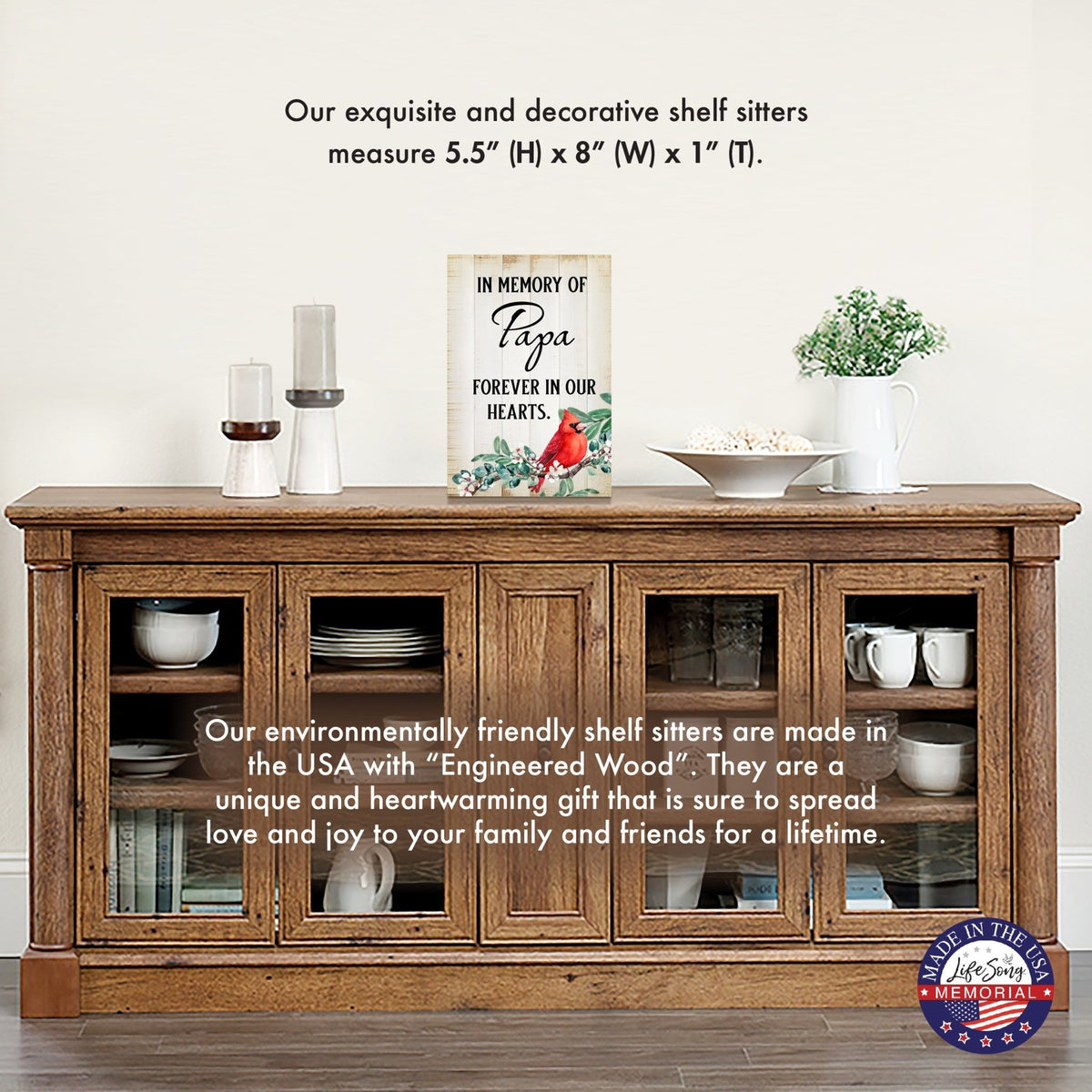 Wooden memorial shelf decor and tabletop memorial decorations to cherish the memory of a loved one.