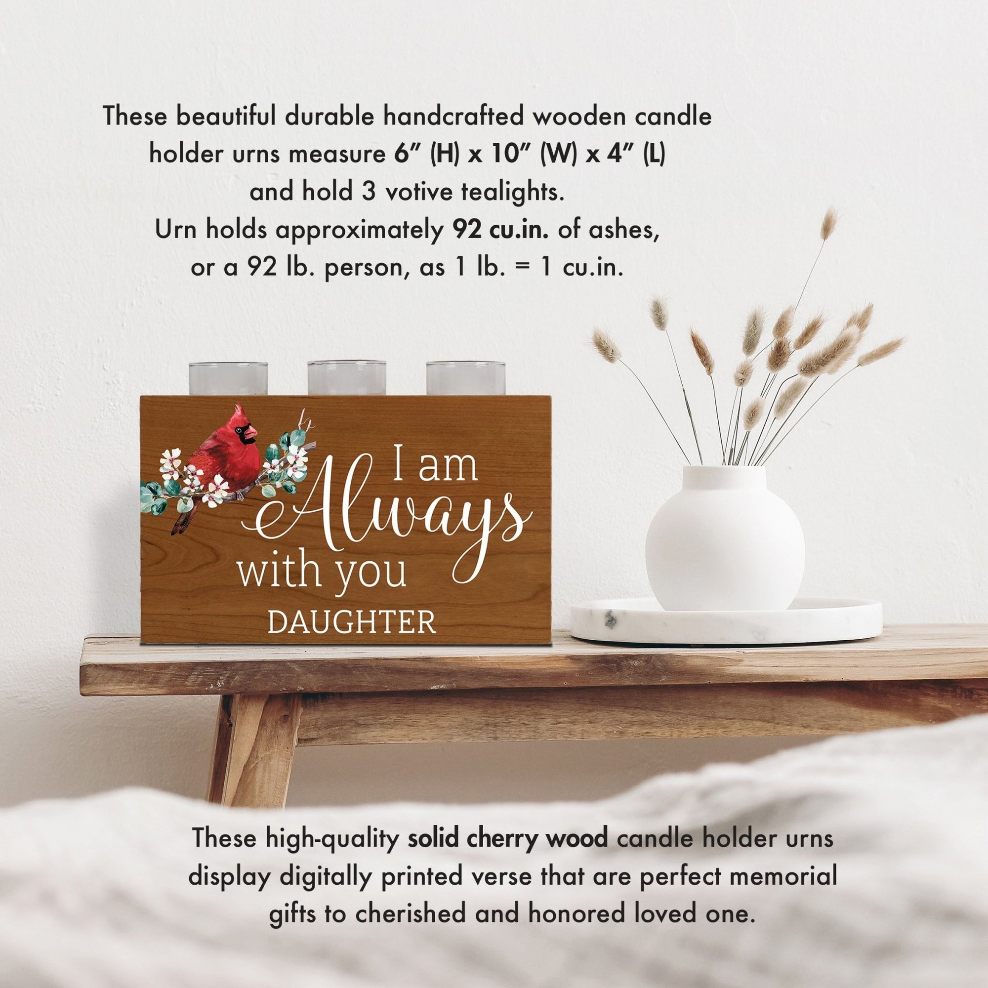 Cardinal Memorial Tealight Candle Holder Cremation Urn For Human Ashes - I Am Always Daughter - LifeSong Milestones