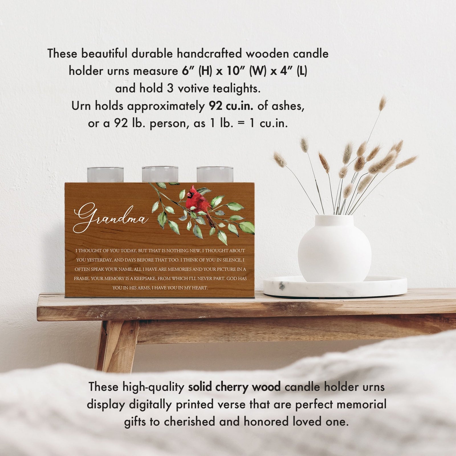 Cardinal Memorial Tealight Candle Holder Cremation Urn For Human Ashes - I Thought Of You Grandma - LifeSong Milestones