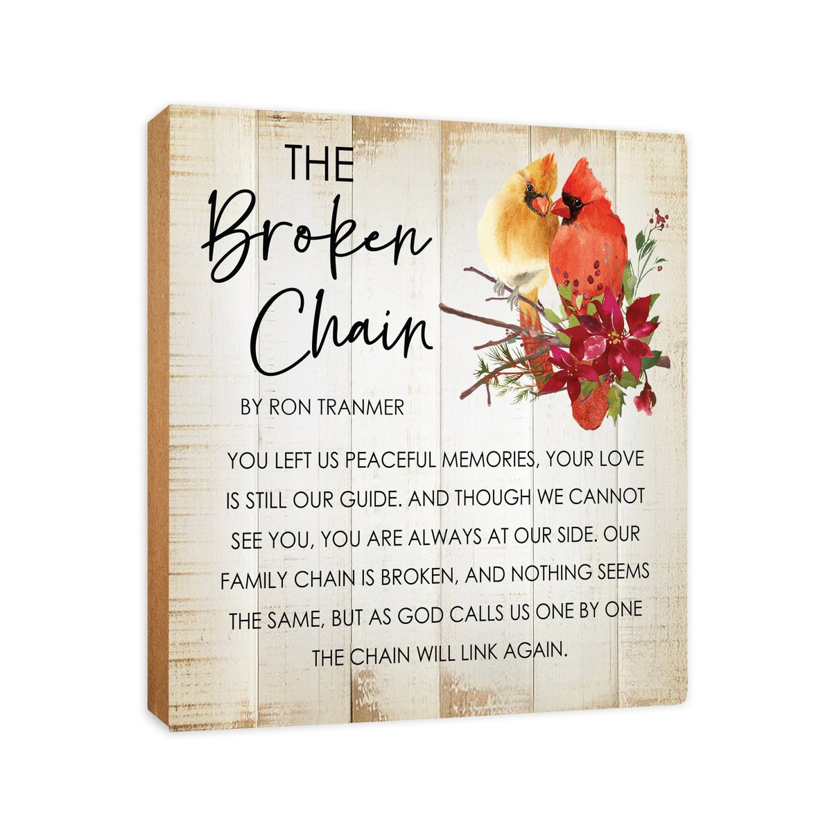 Wooden cardinal memorial sign with poem standing upright.