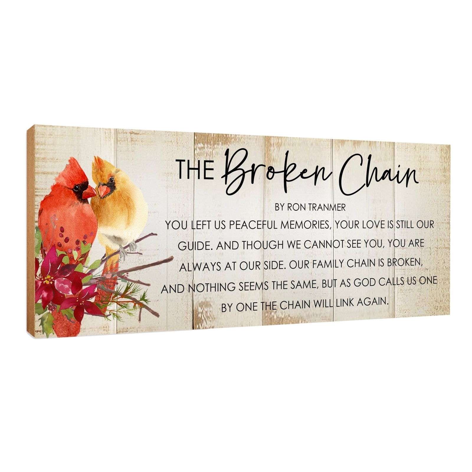 Cardinal memorial plaque with “The Broken Chain” poem by Ron Tranmer on rustic wood.