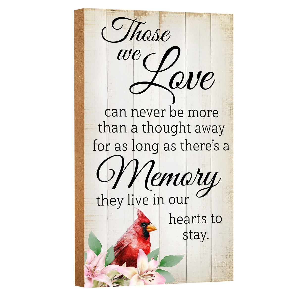 A wooden memorial wall plaque featuring a cardinal, a symbol of remembrance and love.