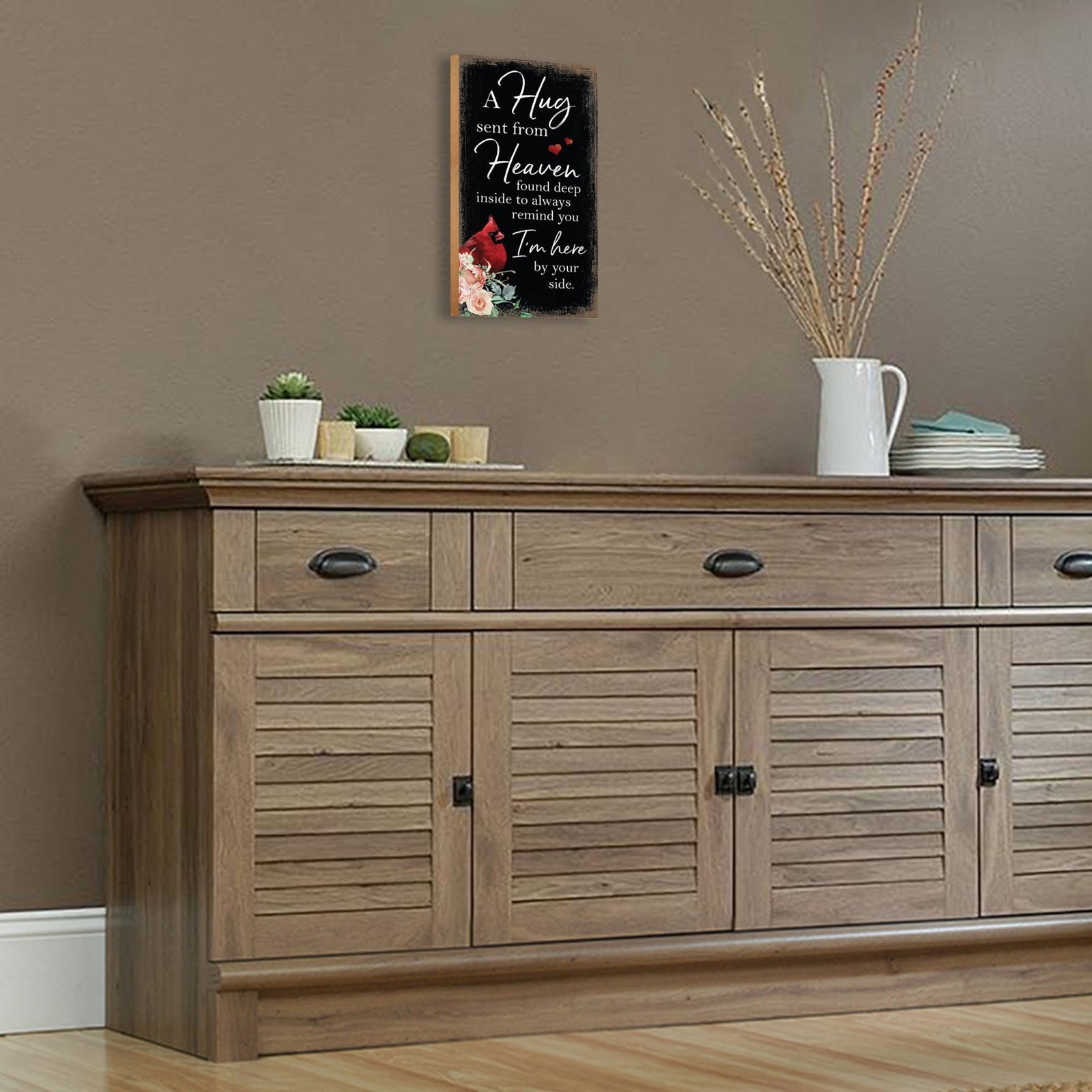 An elegant wooden memorial wall plaque adorned with a cardinal, designed to honor and cherish the memory of your loved one.