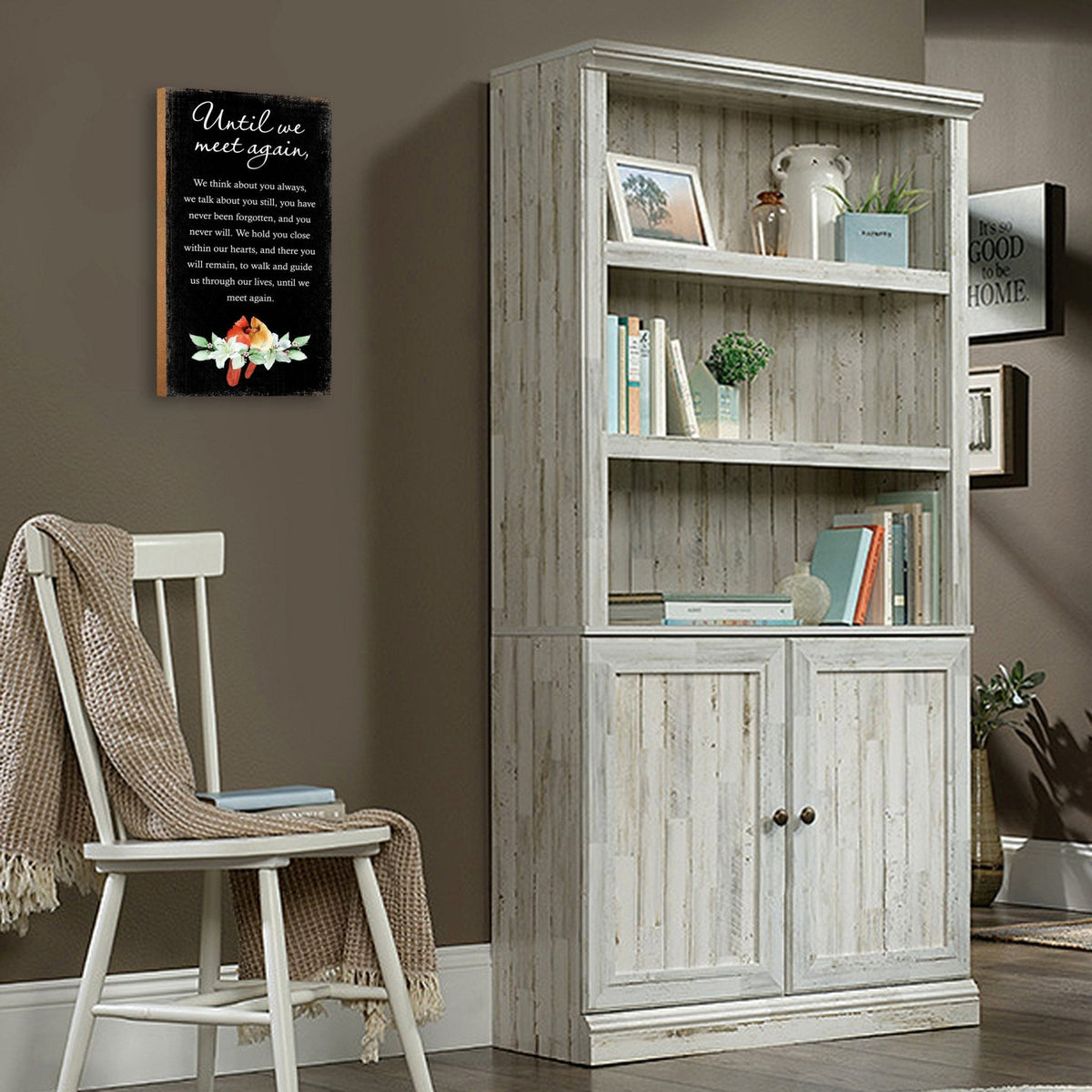 An elegant wooden memorial wall plaque adorned with a cardinal, designed to honor and cherish the memory of your loved one.