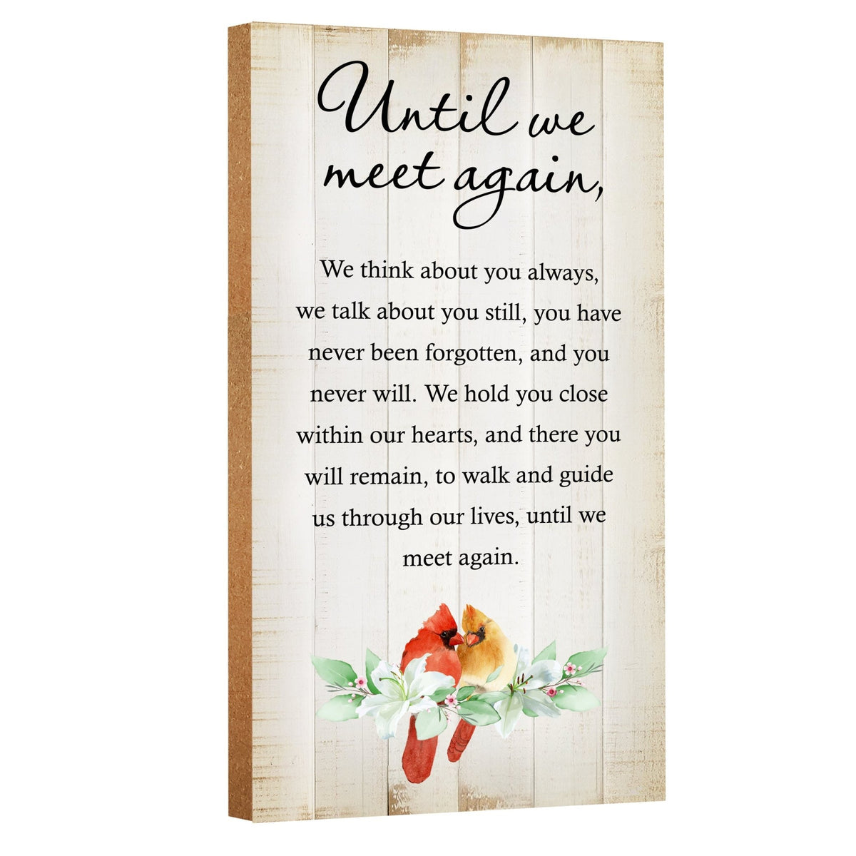 An elegant wooden memorial wall plaque adorned with a cardinal, designed to honor and cherish the memory of your loved one.