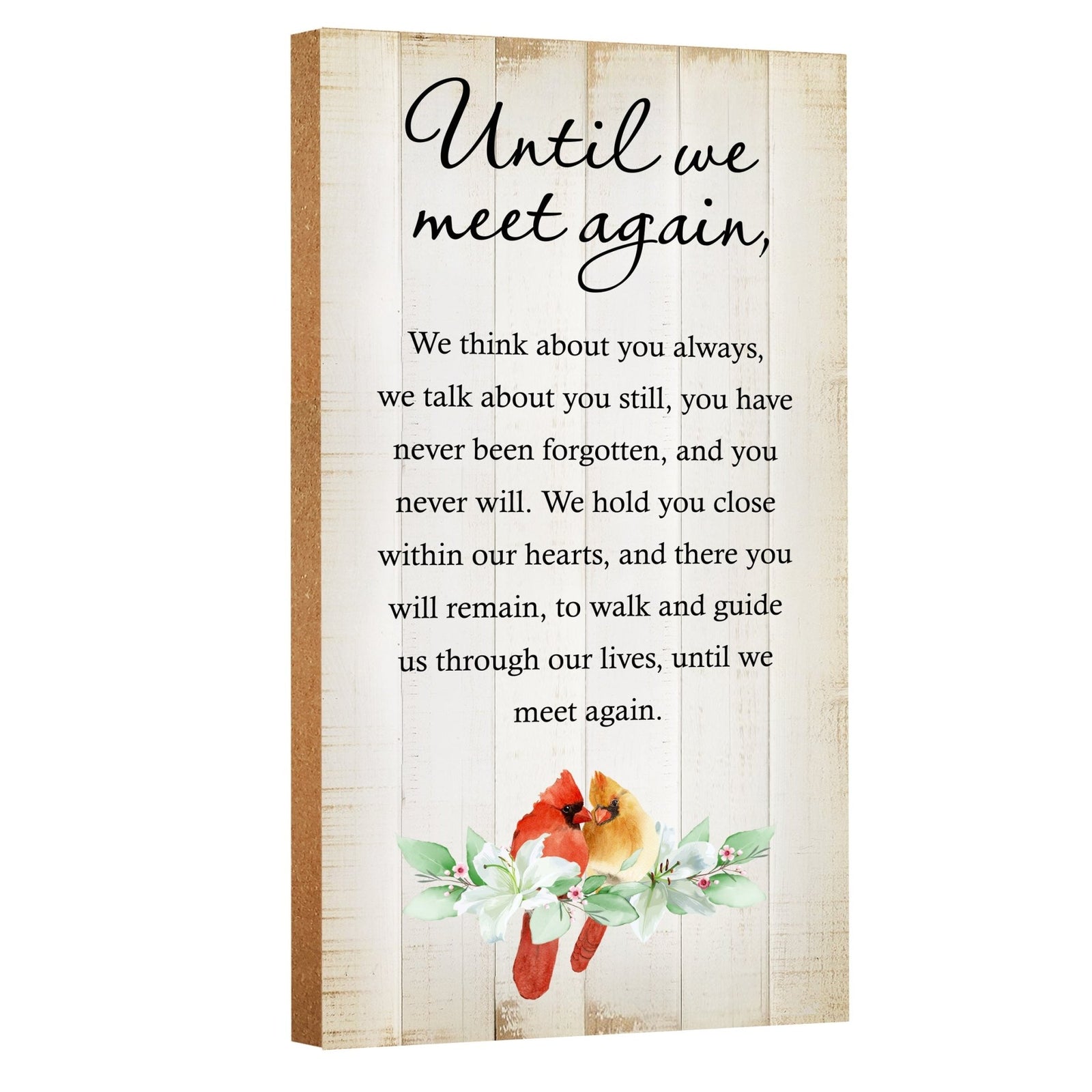 An elegant wooden memorial wall plaque adorned with a cardinal, designed to honor and cherish the memory of your loved one.