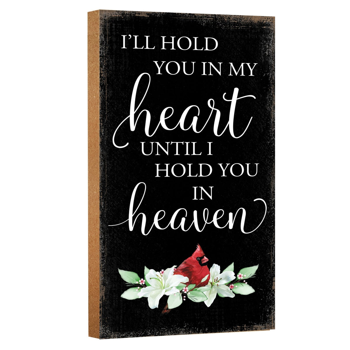 A wooden memorial wall plaque featuring a cardinal, a symbol of remembrance and love.