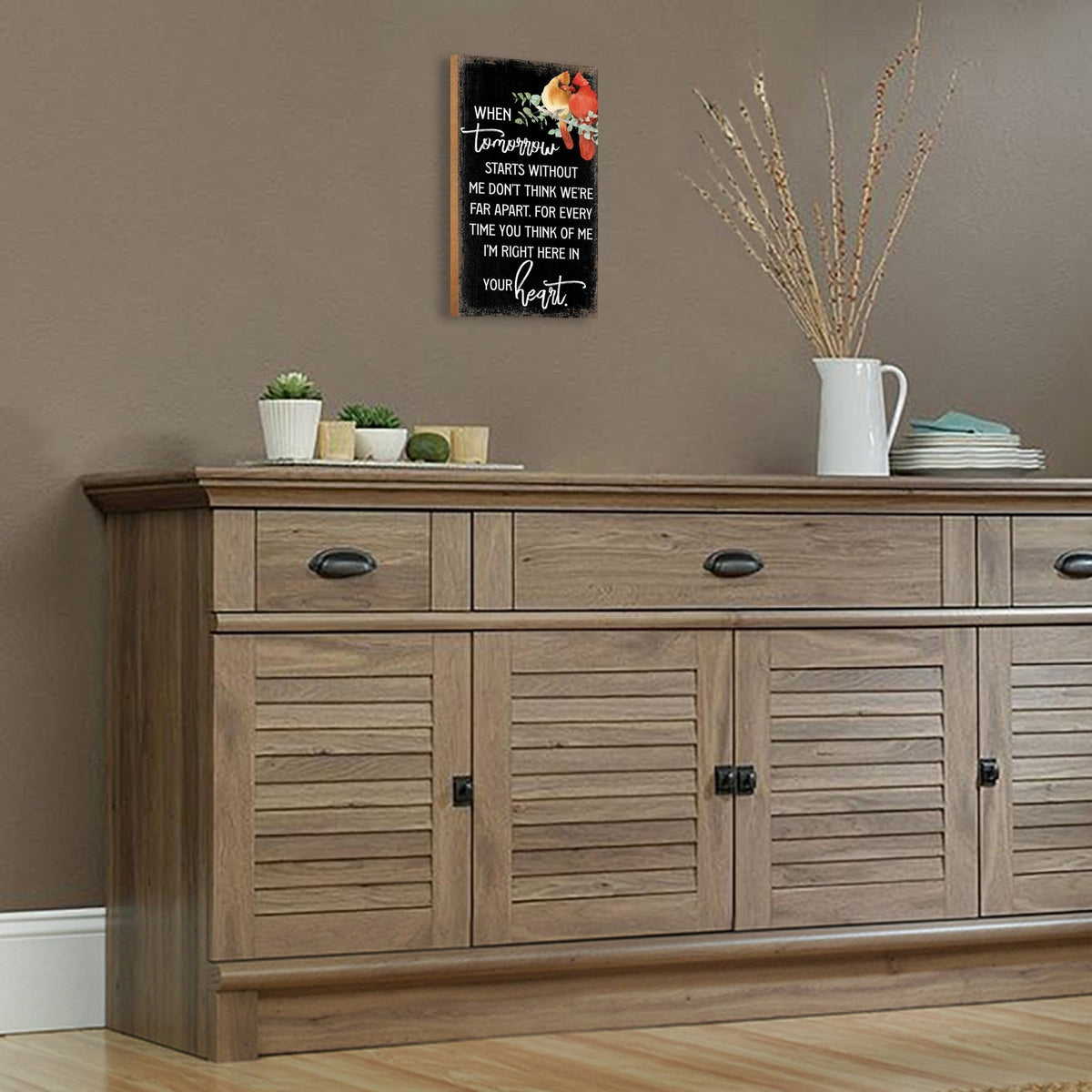 An elegant wooden memorial wall plaque adorned with a cardinal, designed to honor and cherish the memory of your loved one.