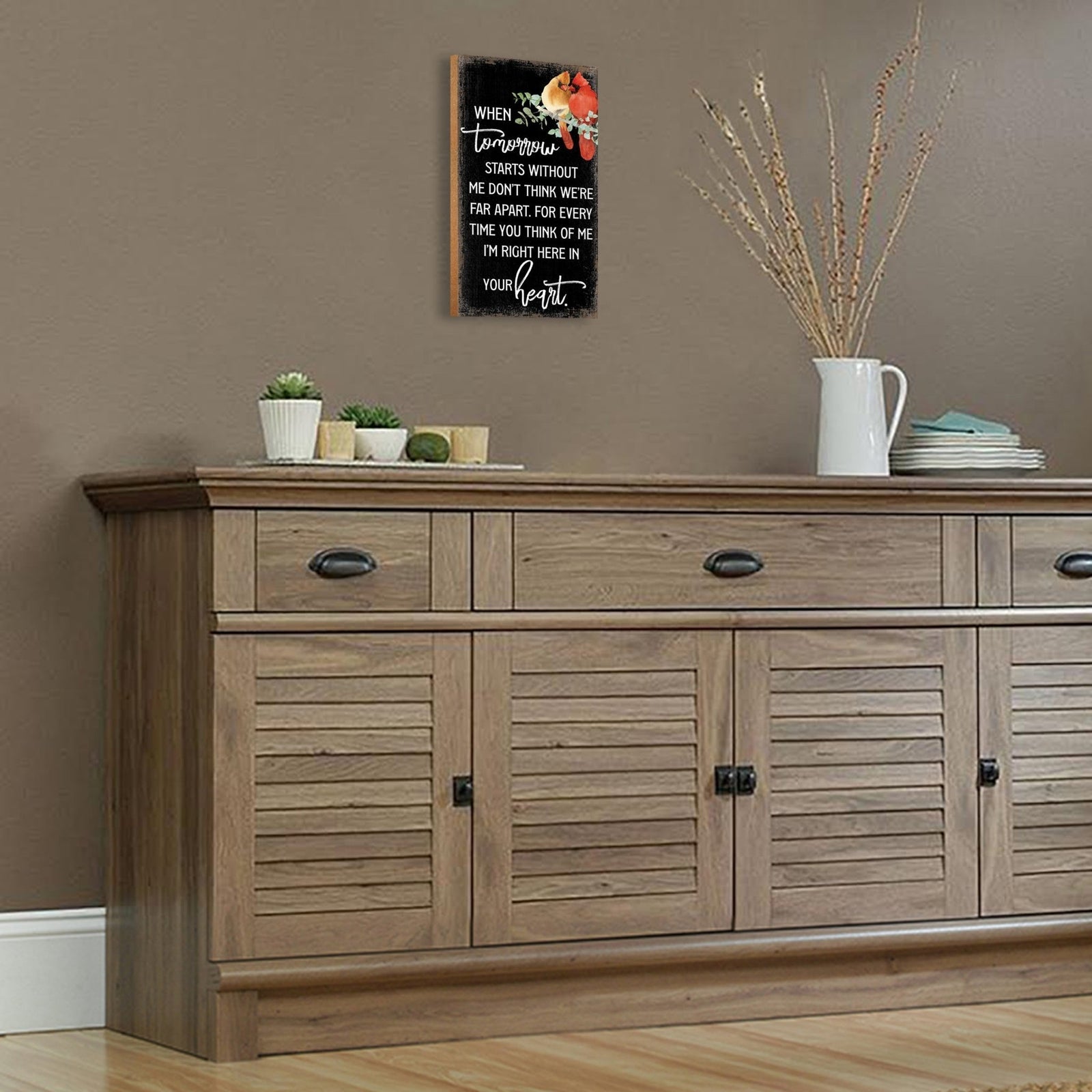 An elegant wooden memorial wall plaque adorned with a cardinal, designed to honor and cherish the memory of your loved one.