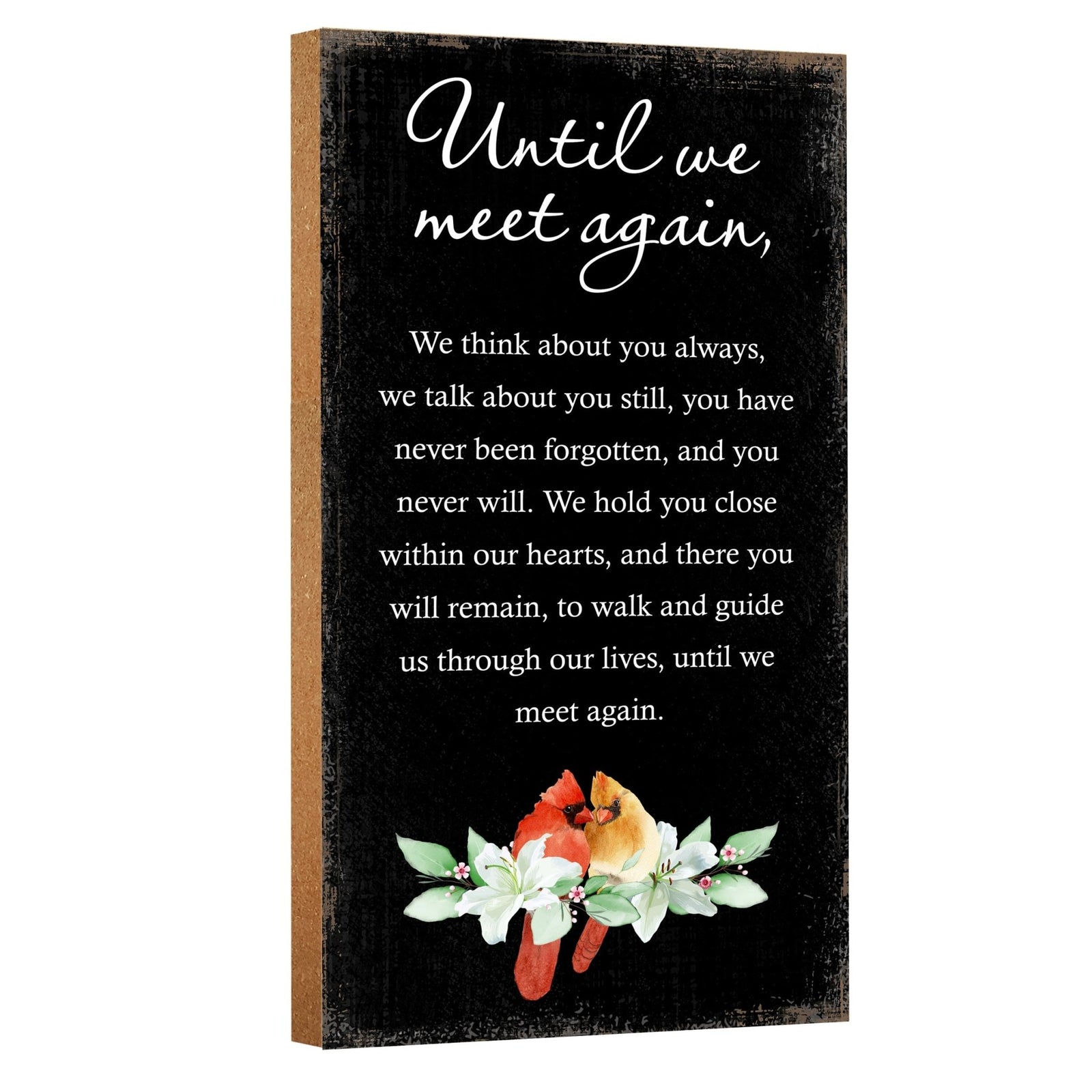 A wooden memorial wall plaque featuring a cardinal, a symbol of remembrance and love.
