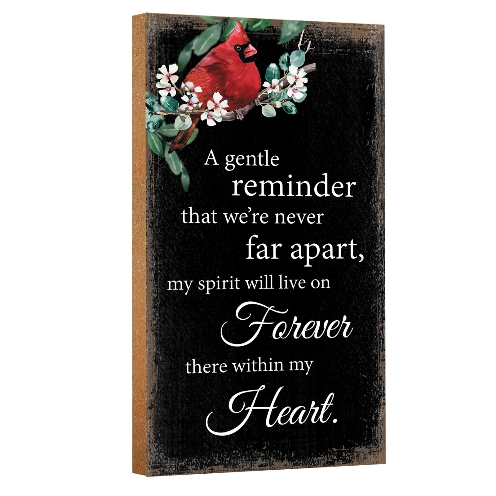 A wooden memorial wall plaque featuring a cardinal, a symbol of remembrance and love.