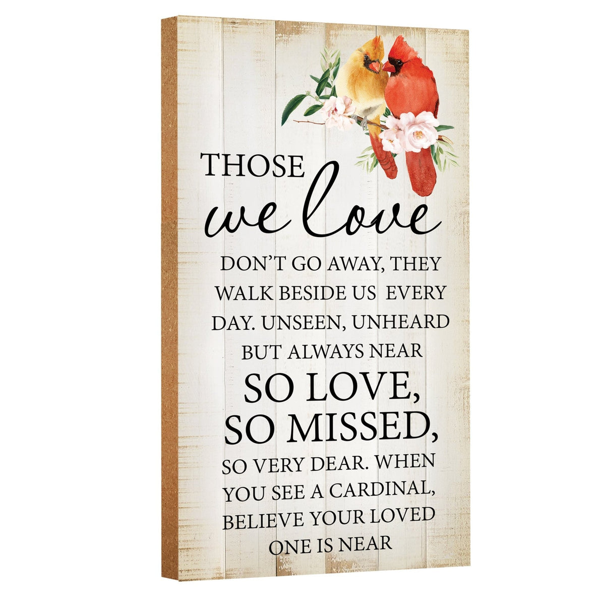 A wooden memorial wall plaque featuring a cardinal, a symbol of remembrance and love.