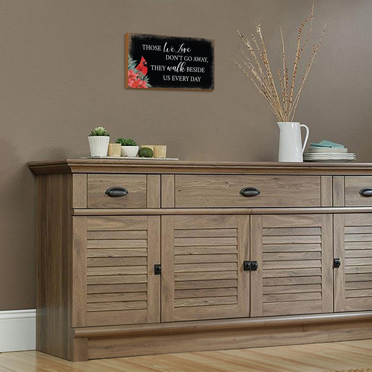 An elegant wooden memorial wall plaque adorned with a cardinal, designed to honor and cherish the memory of your loved one.