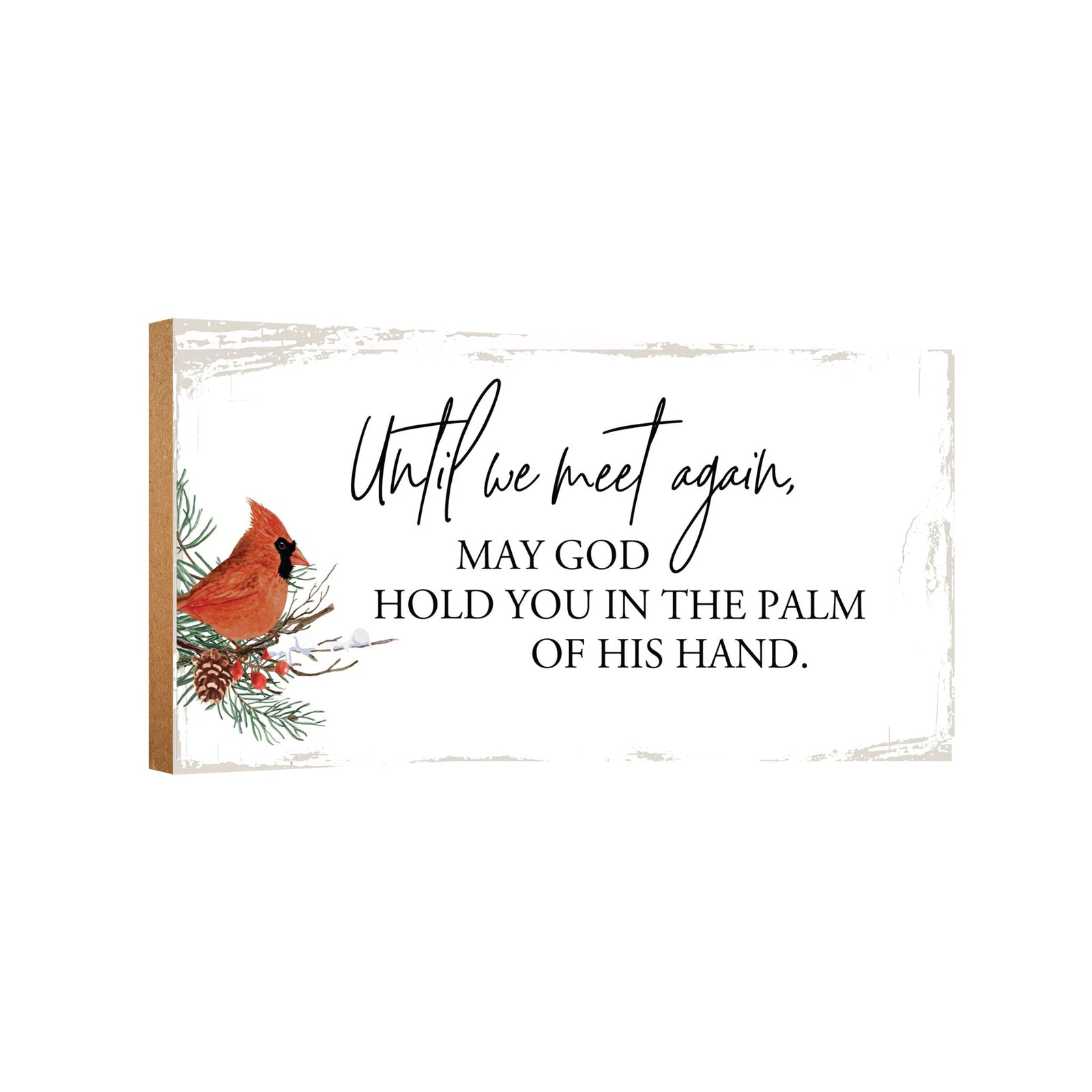 A wooden memorial wall plaque featuring a cardinal, a symbol of remembrance and love.