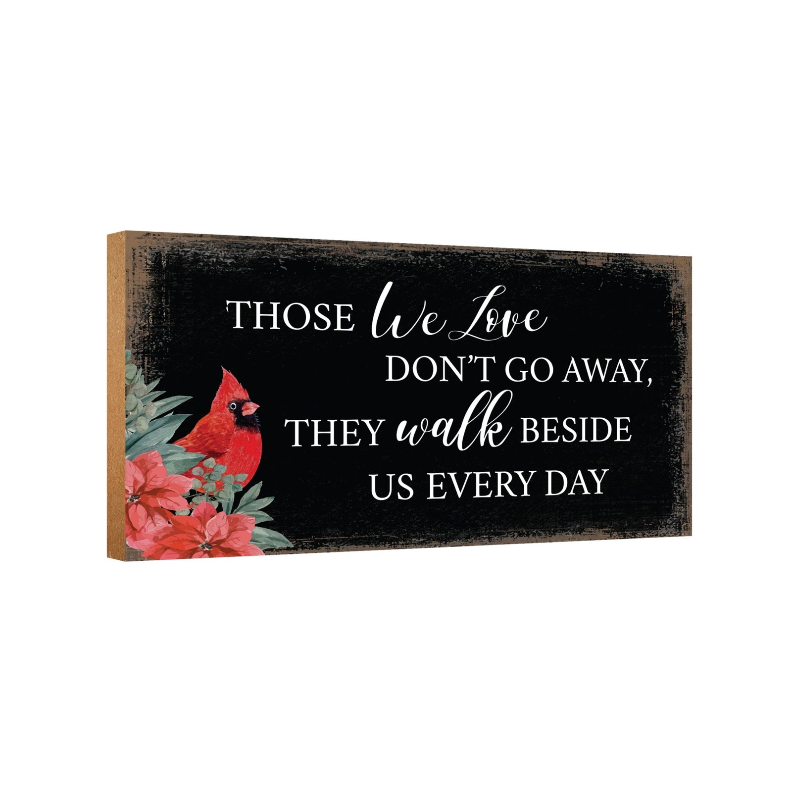 A wooden memorial wall plaque featuring a cardinal, a symbol of remembrance and love.