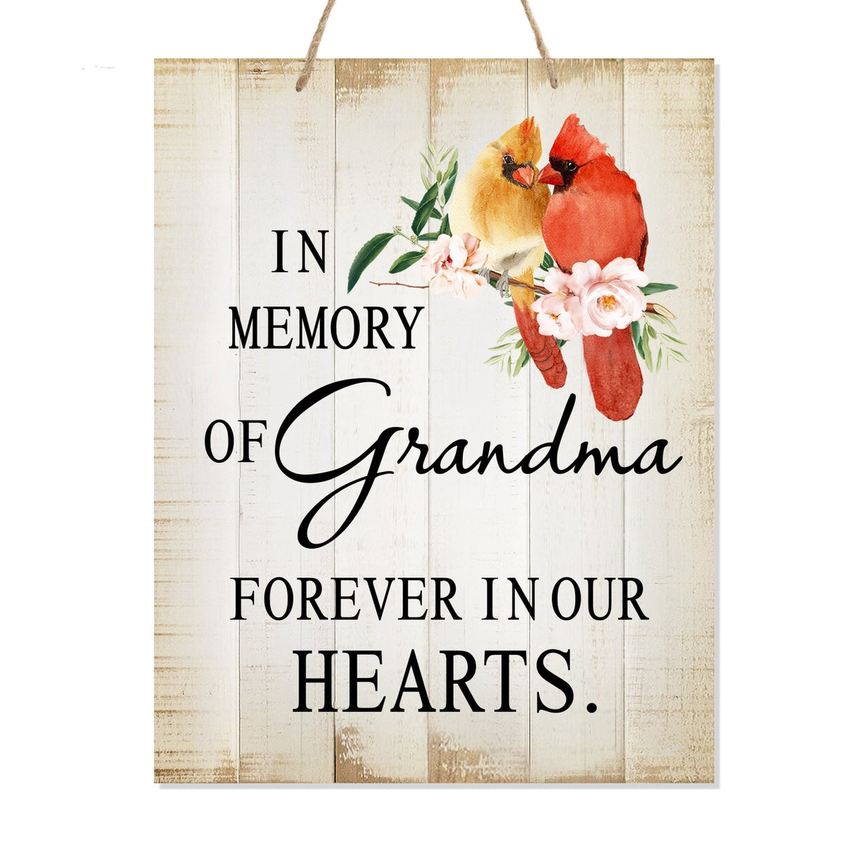 Thoughtful memorial gifts for the loss of a loved one – a wooden hanging sign adorned with a cardinal ribbon.