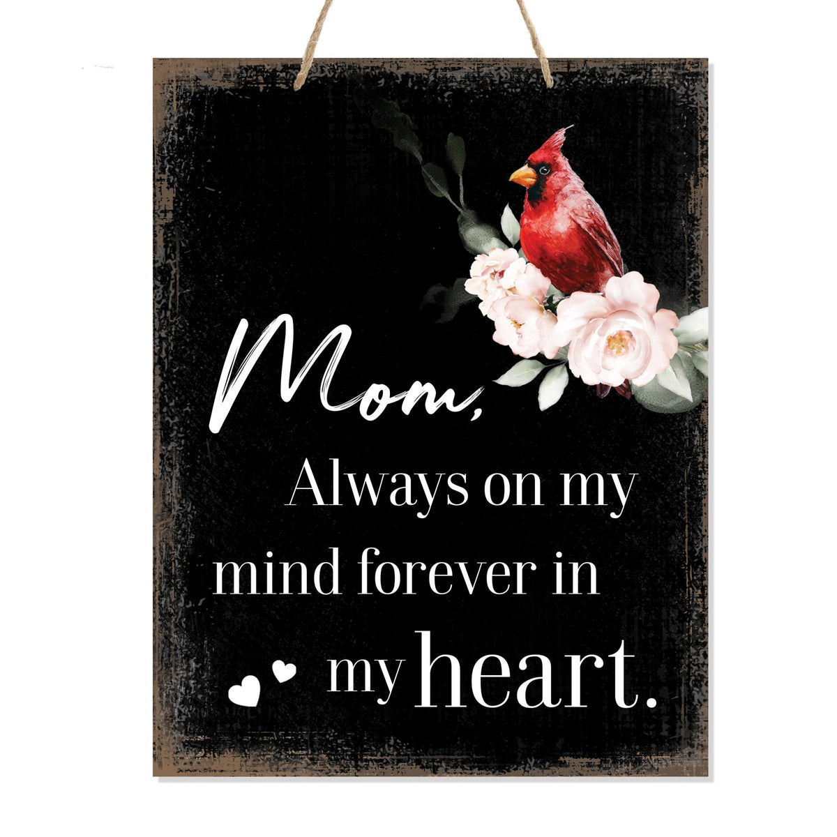 Thoughtful memorial gifts for the loss of a loved one – a wooden hanging sign adorned with a cardinal ribbon.