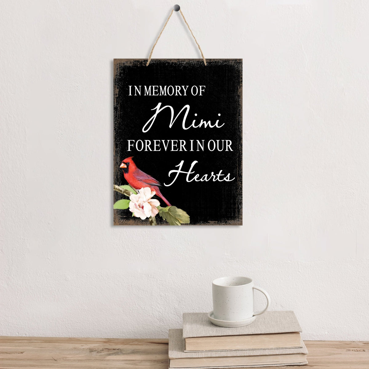 A wooden memorial ribbon sign featuring a cardinal ribbon, perfect for memorial decorations and loved one memorial gifts.
