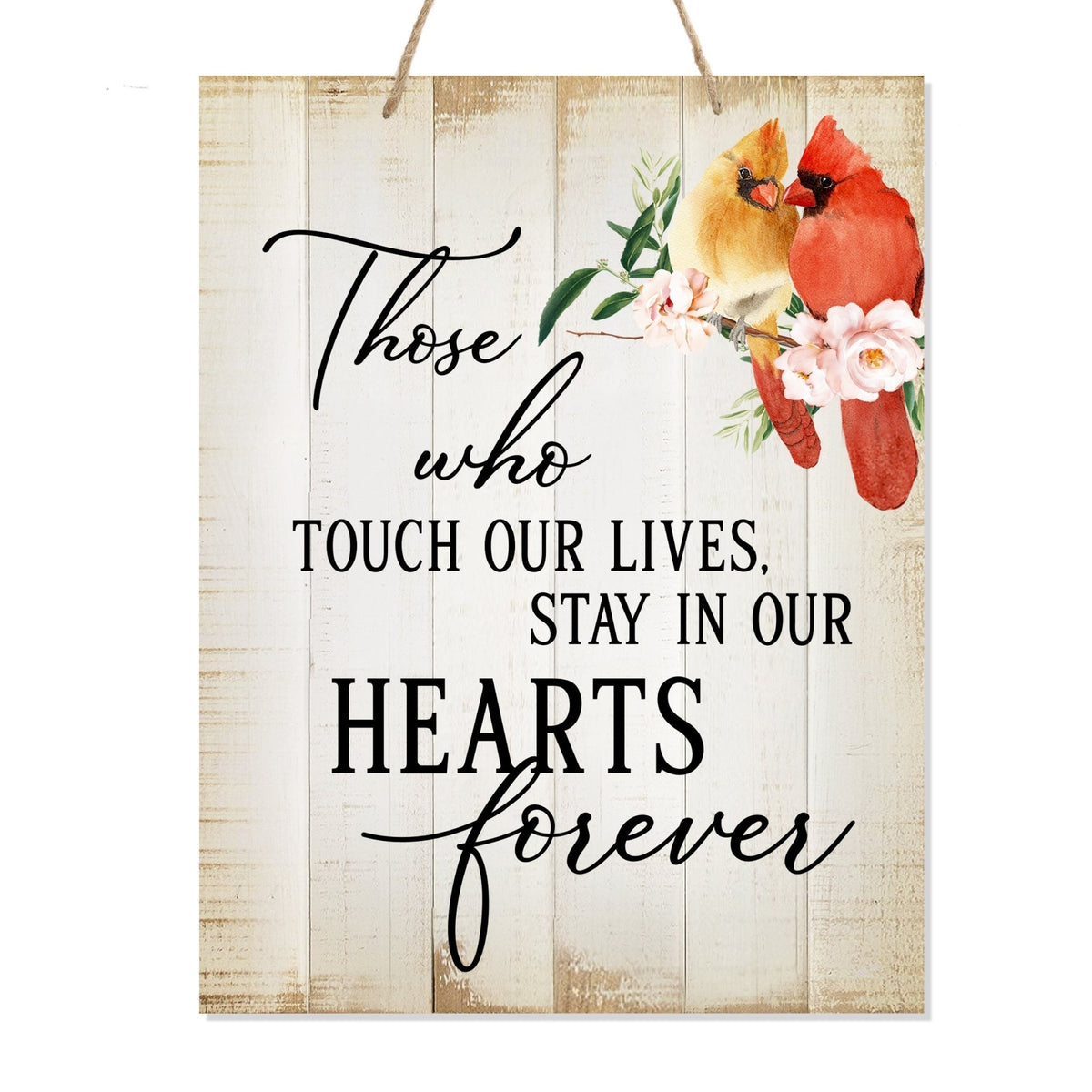 Thoughtful memorial gifts for the loss of a loved one – a wooden hanging sign adorned with a cardinal ribbon.