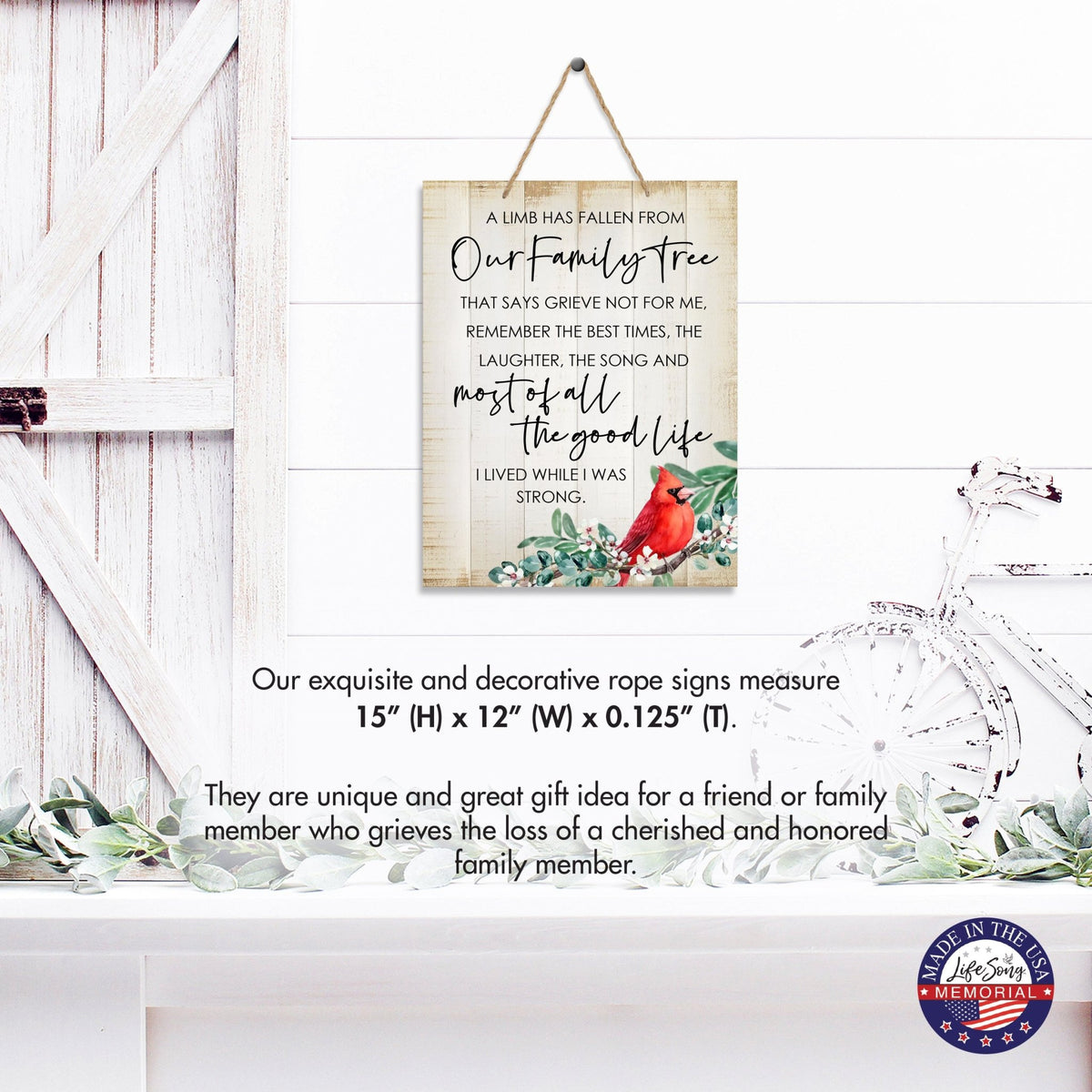 Cardinal Wooden Hanging Memorial Rope Wall Signs Sympathy Gifts - LifeSong Milestones