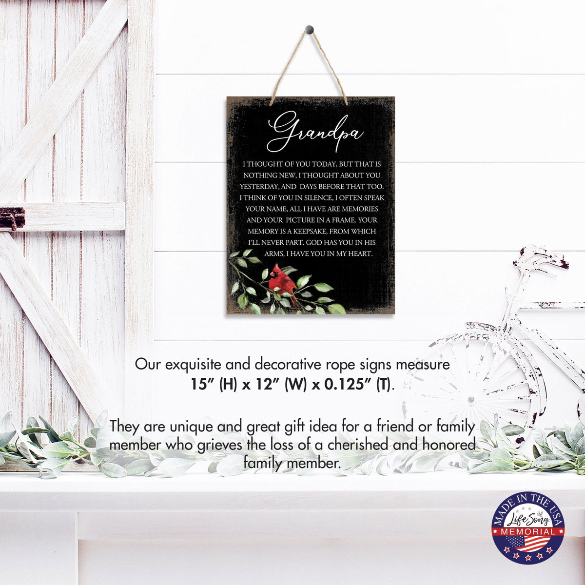 Cardinal Wooden Hanging Memorial Rope Wall Signs Sympathy Gifts - LifeSong Milestones
