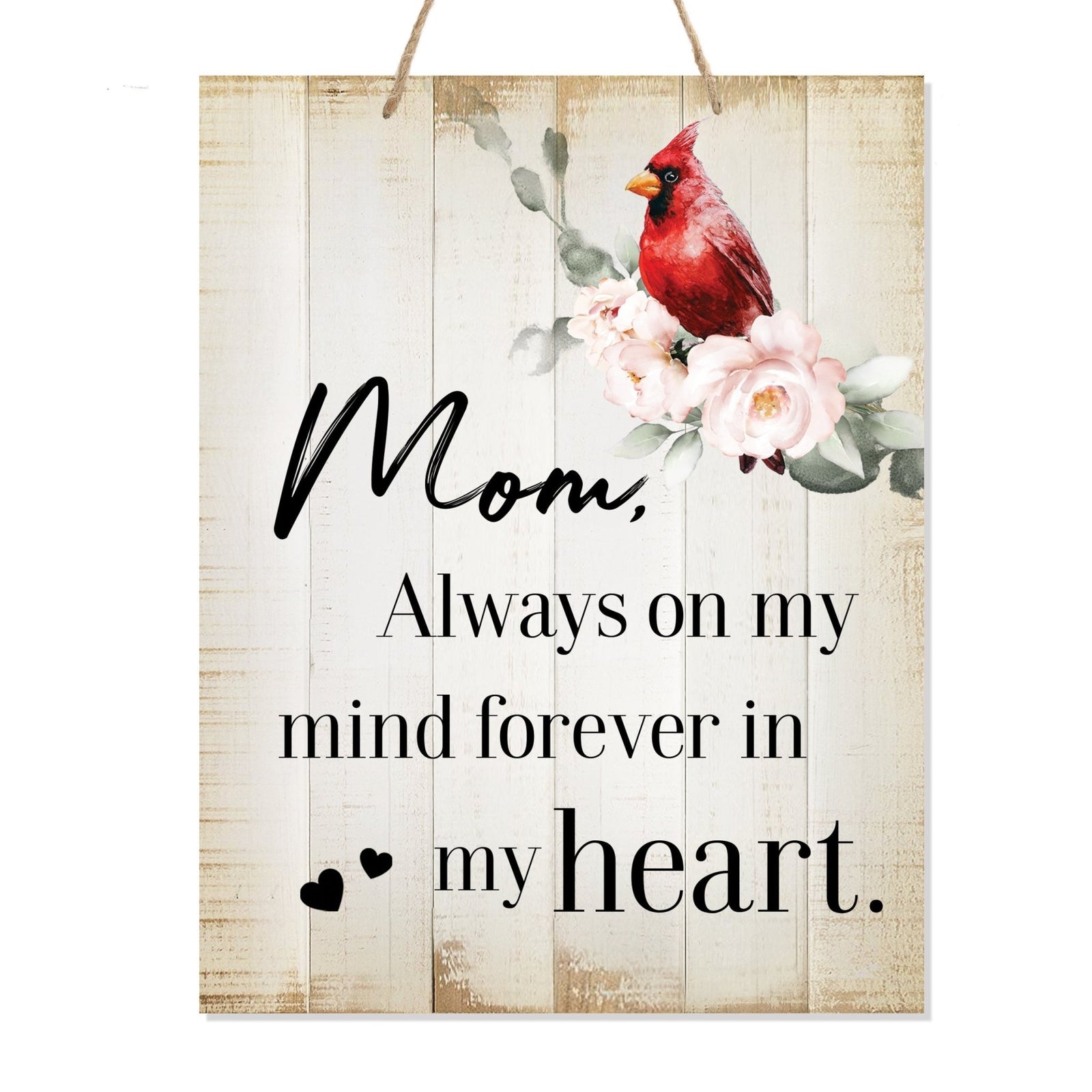 Thoughtful memorial gifts for the loss of a loved one – a wooden hanging sign adorned with a cardinal ribbon.