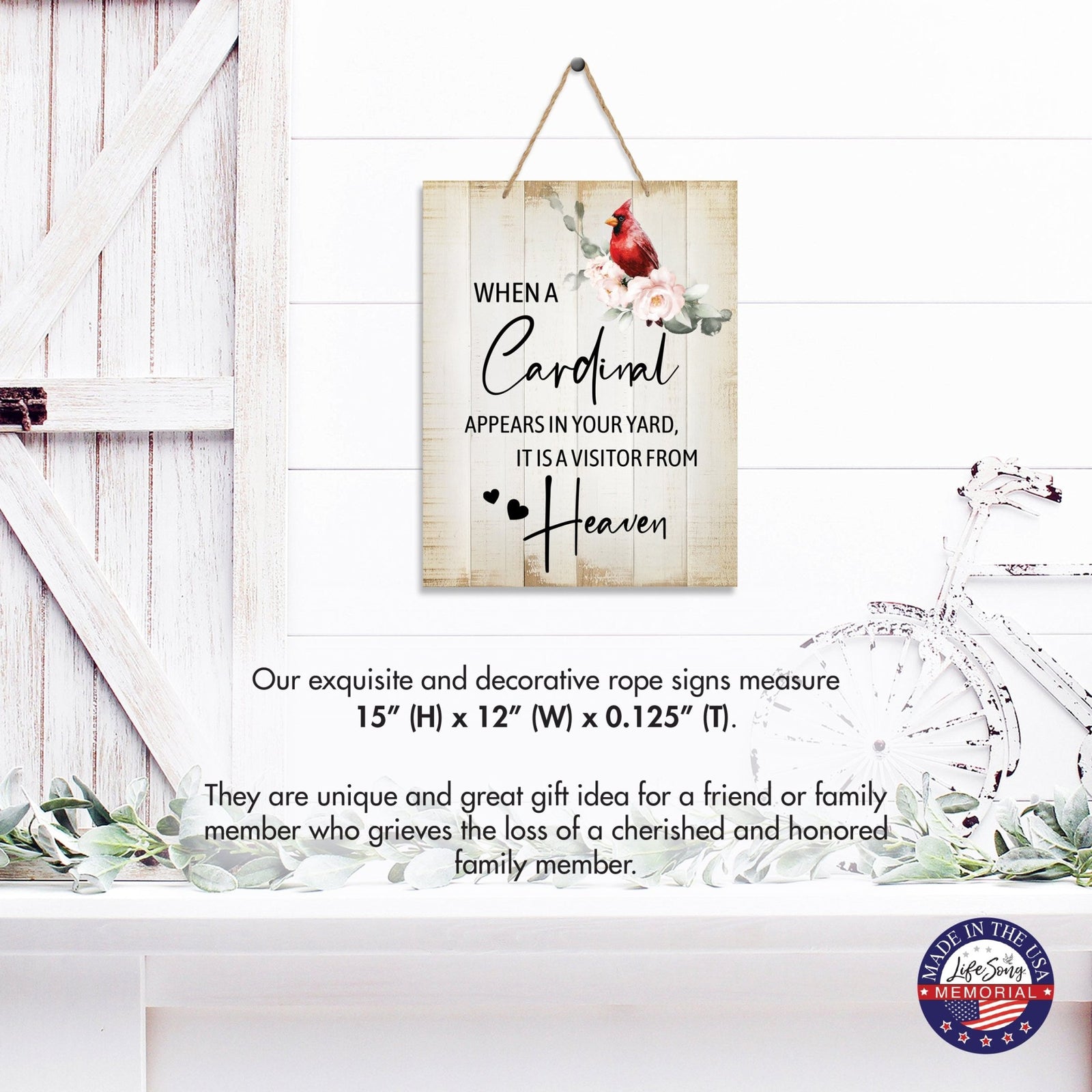 Cardinal Wooden Hanging Memorial Rope Wall Signs Sympathy Gifts - LifeSong Milestones