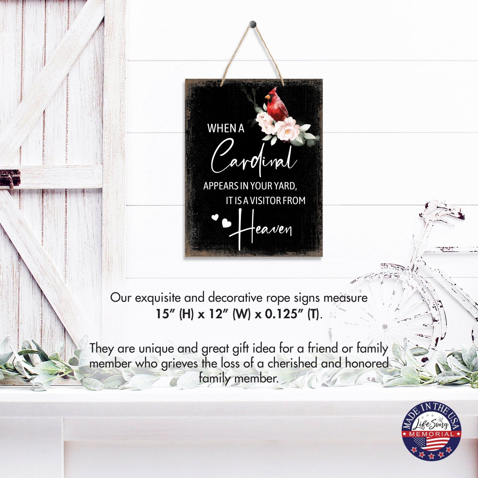 Cardinal Wooden Hanging Memorial Rope Wall Signs Sympathy Gifts - LifeSong Milestones
