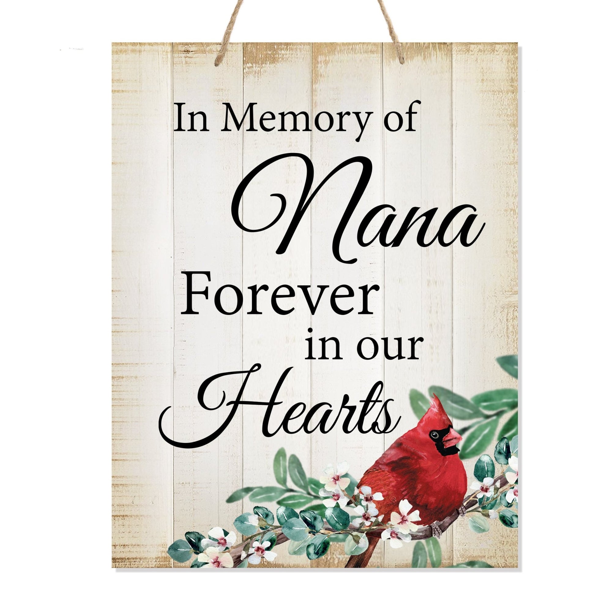 Thoughtful memorial gifts for the loss of a loved one – a wooden hanging sign adorned with a cardinal ribbon.