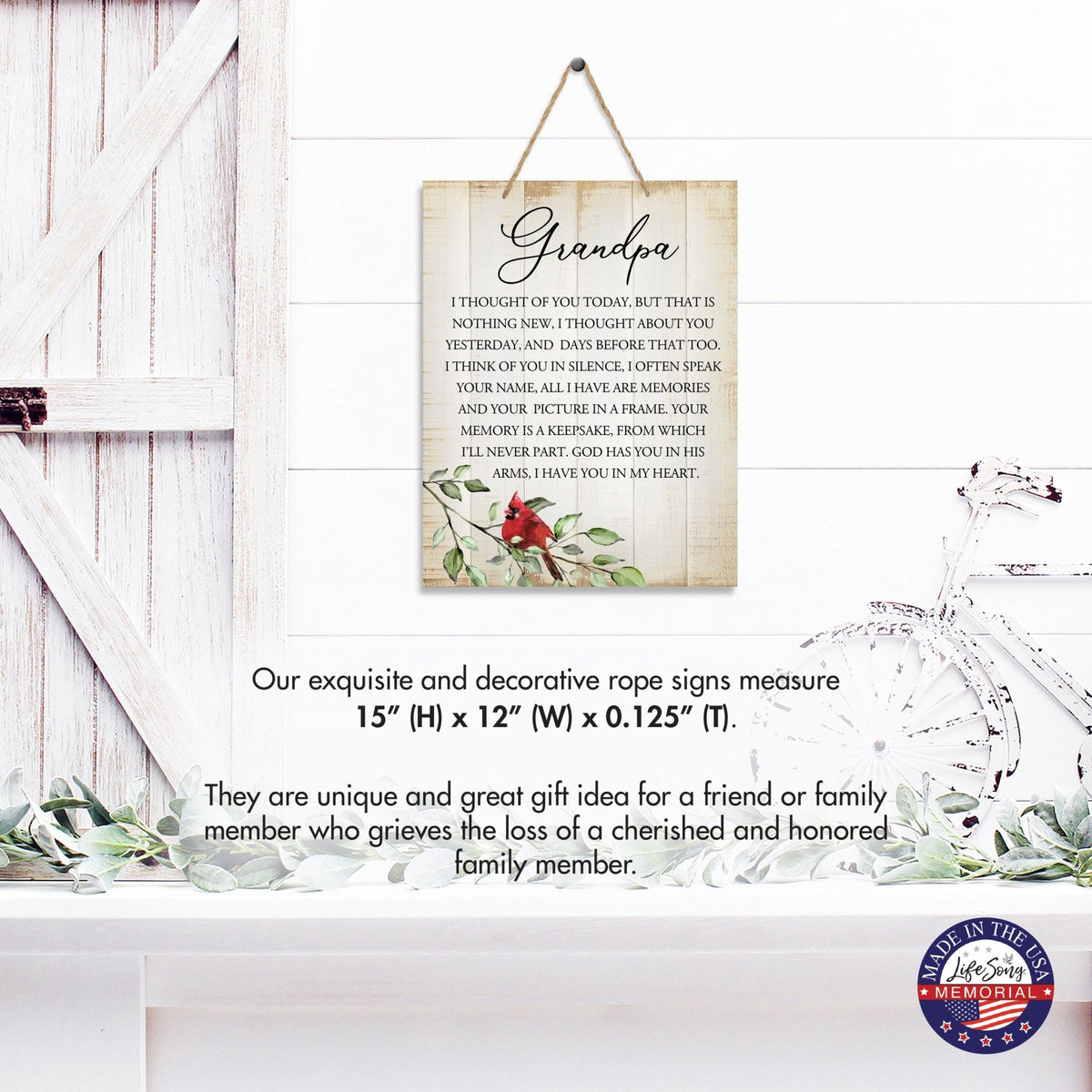Cardinal Wooden Hanging Memorial Rope Wall Signs Sympathy Gifts - LifeSong Milestones