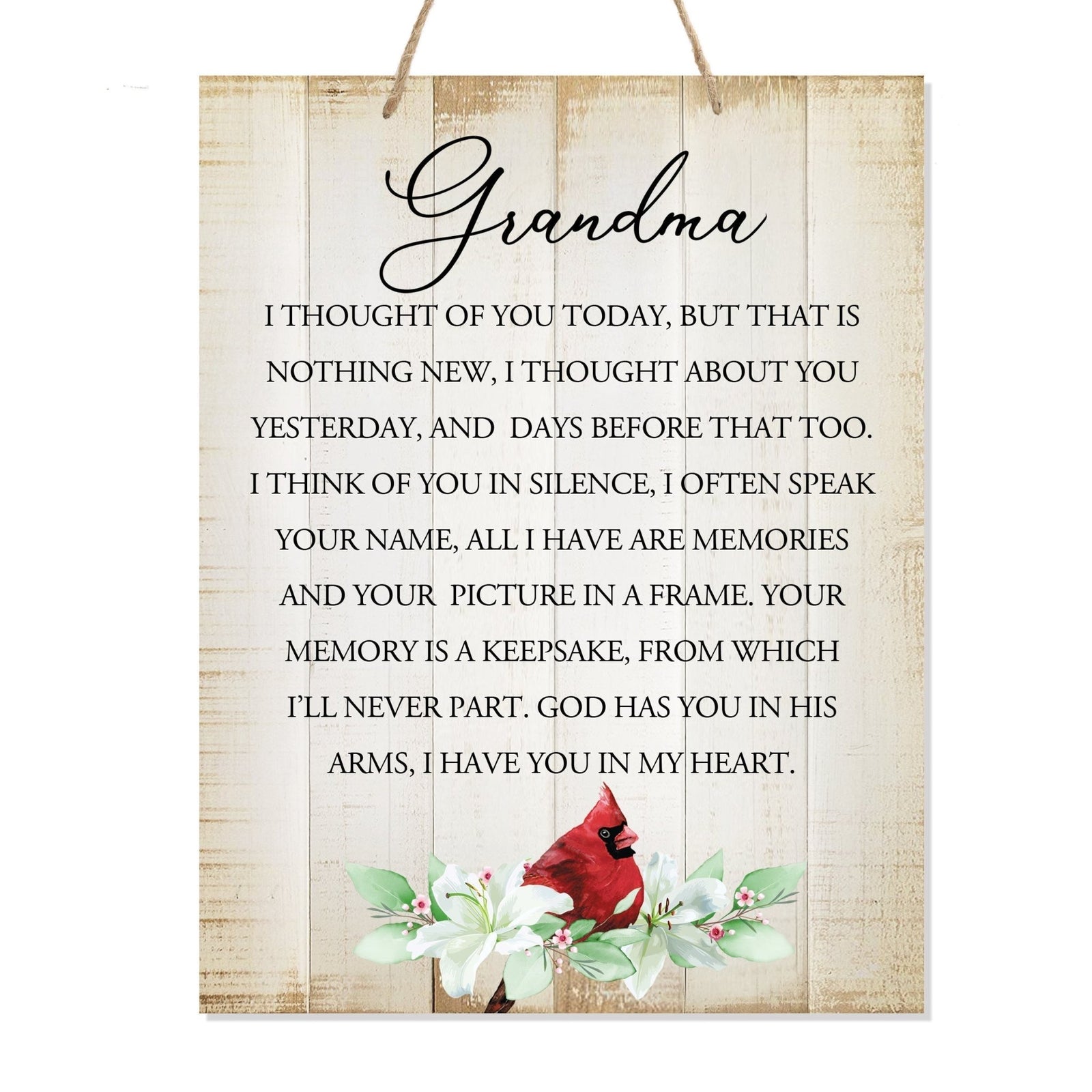 Thoughtful memorial gifts for the loss of a loved one – a wooden hanging sign adorned with a cardinal ribbon.