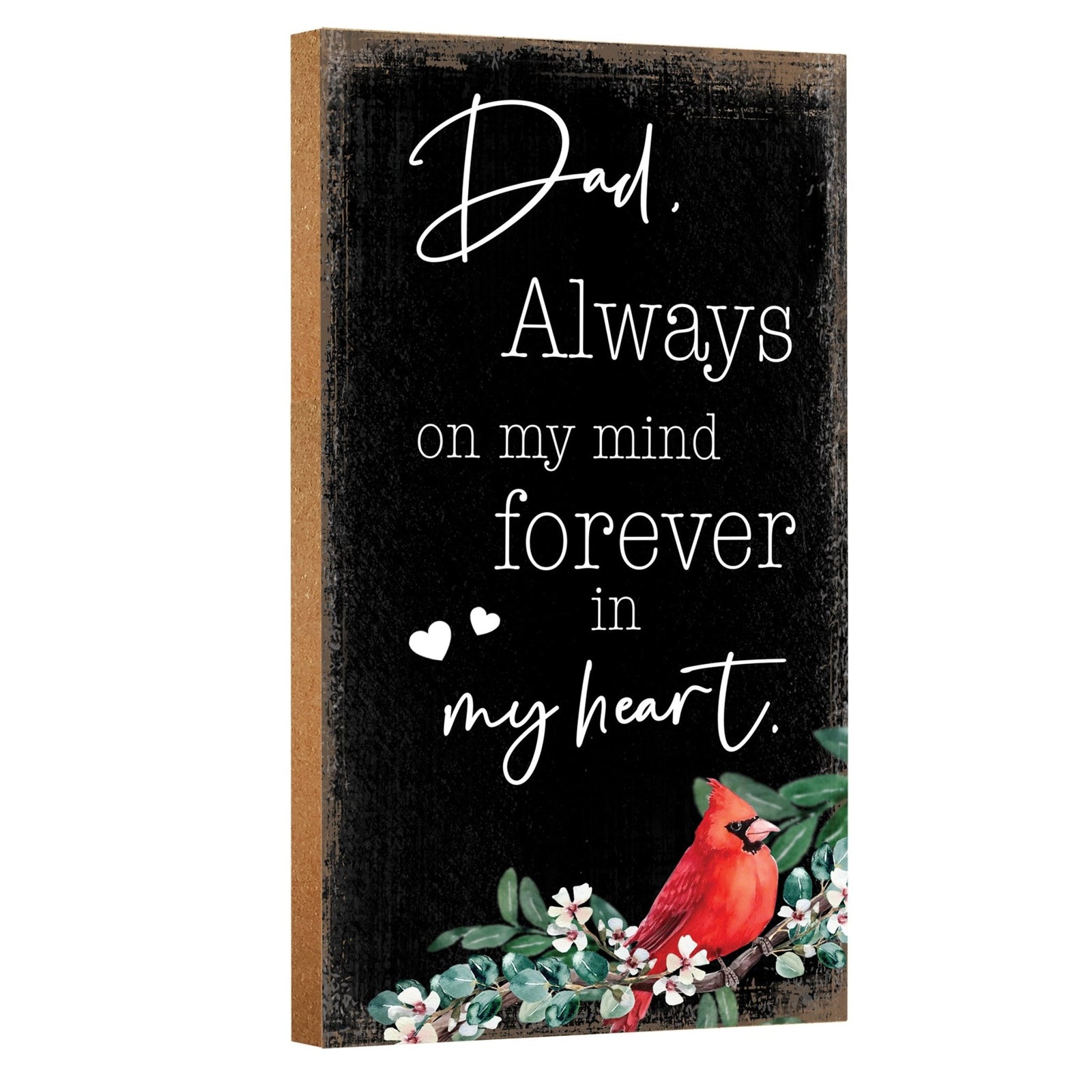 A wooden memorial wall plaque featuring a cardinal, a symbol of remembrance and love.