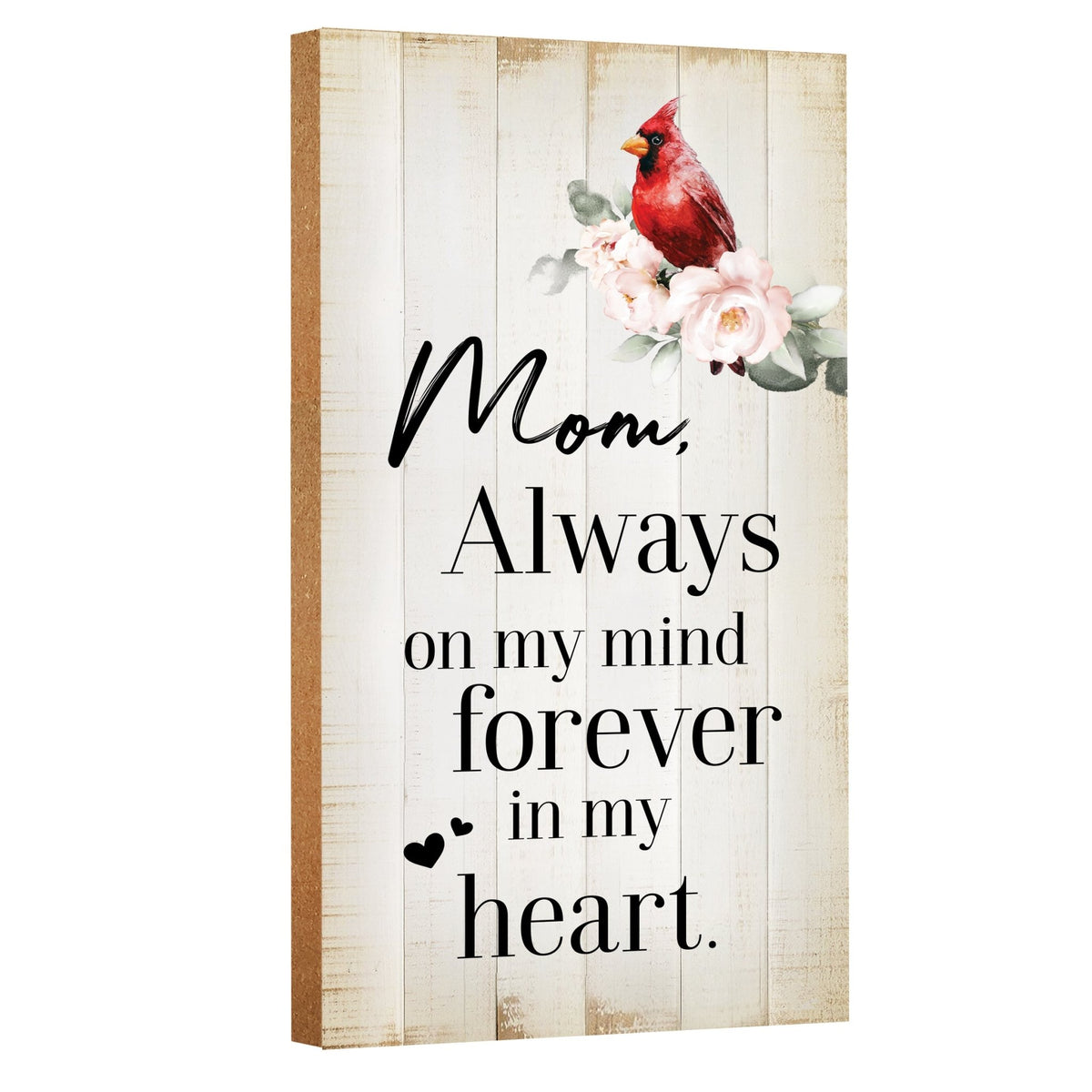 A wooden memorial wall plaque featuring a cardinal, a symbol of remembrance and love.