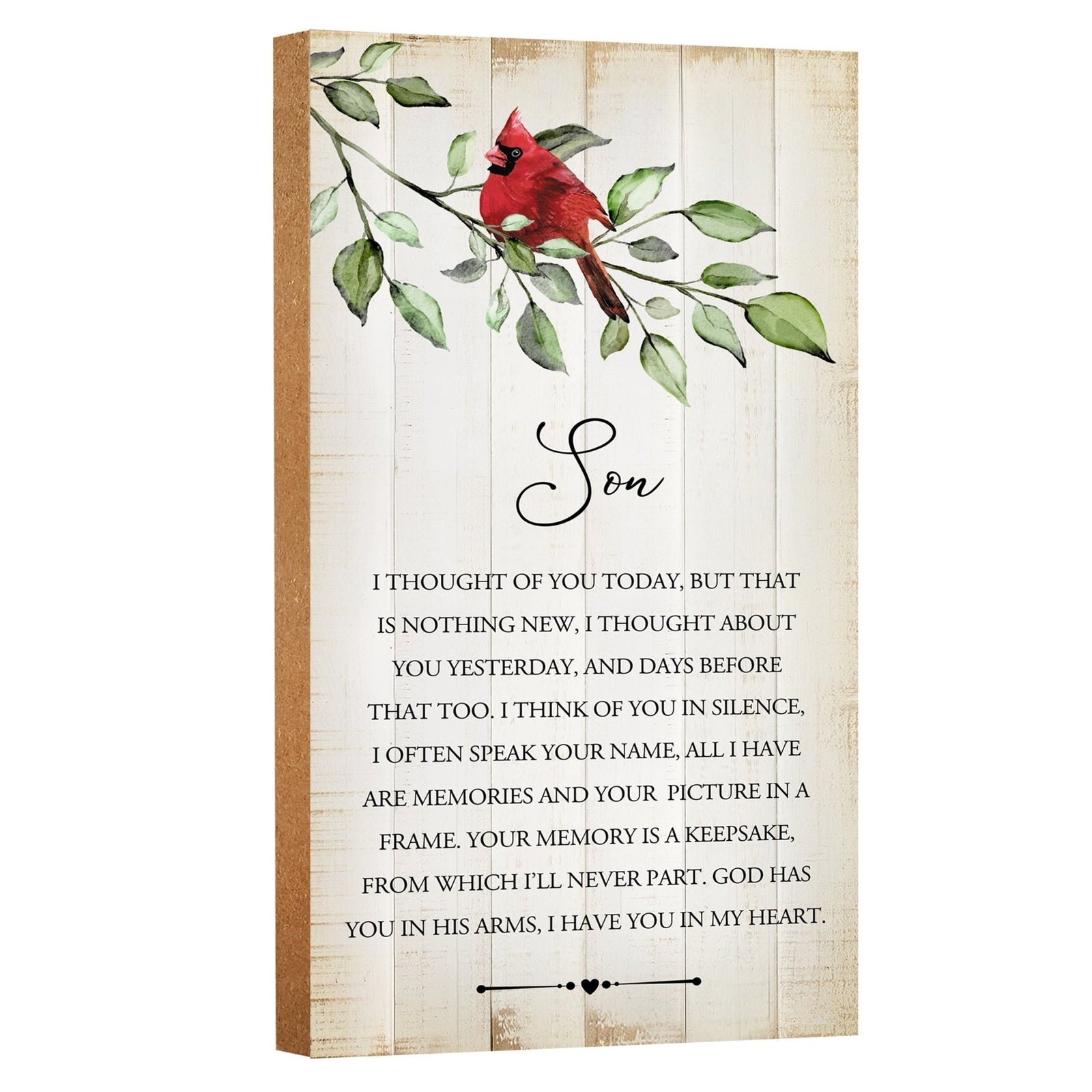 A wooden memorial wall plaque with a heartfelt design.