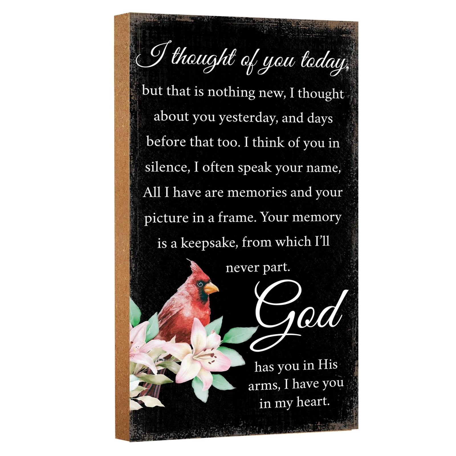 A wooden memorial wall plaque featuring a cardinal, a symbol of remembrance and love.