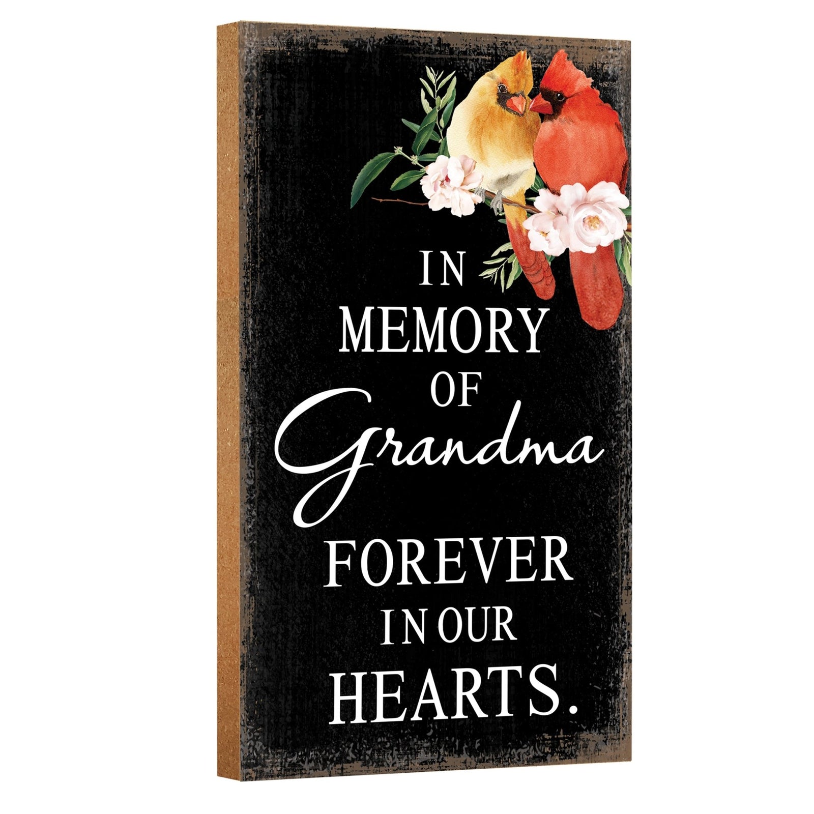 A wooden memorial wall plaque featuring a cardinal, a symbol of remembrance and love.