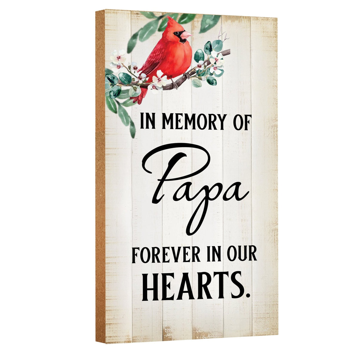A wooden memorial wall plaque featuring a cardinal, a symbol of remembrance and love.