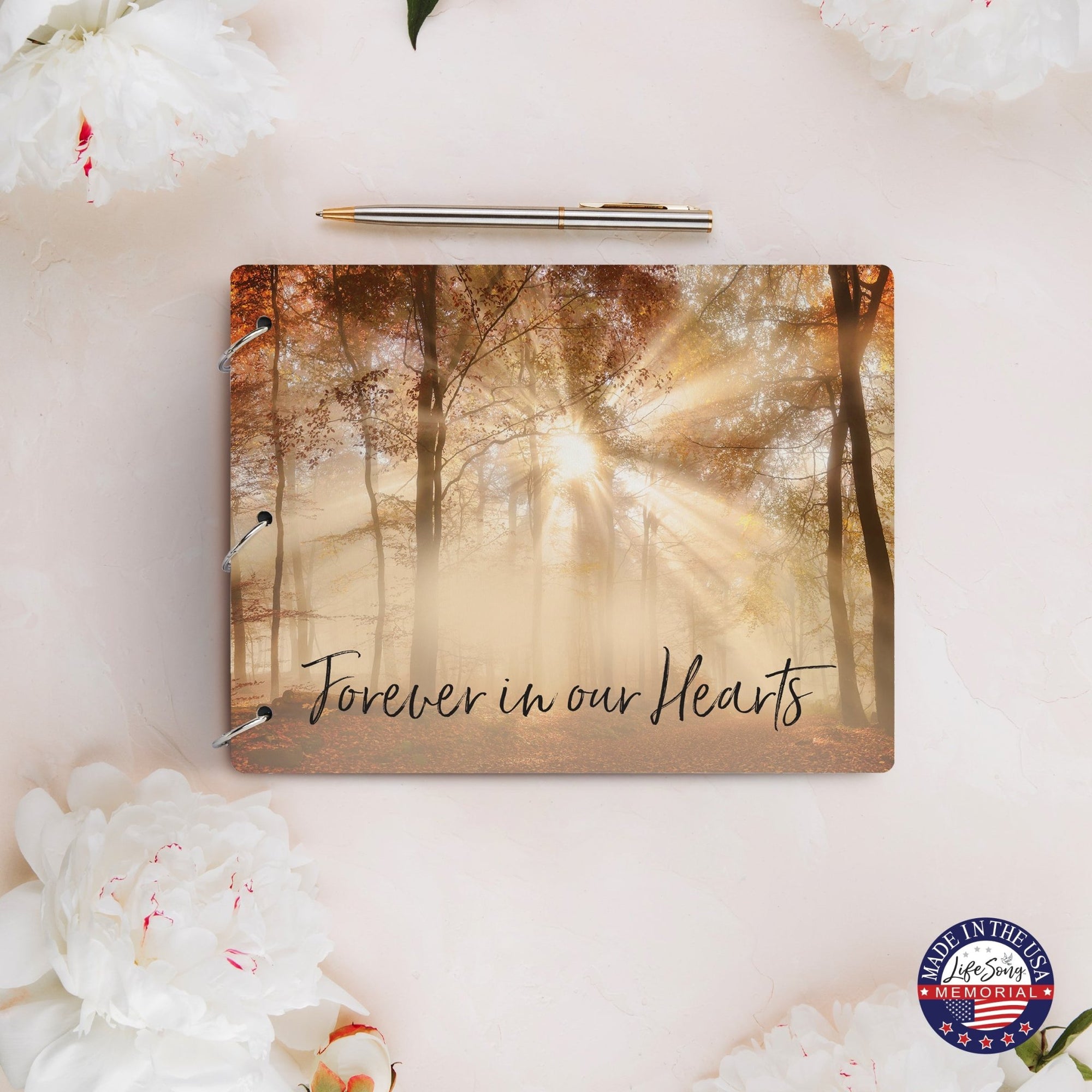 Celebration Of Life Funeral Guest Books For Memorial Services Registry With Wooden Cover - Forever In Our Hearts - LifeSong Milestones