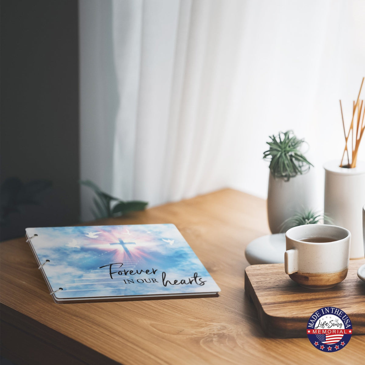 Celebration Of Life Funeral Guest Books For Memorial Services Registry With Wooden Cover - Forever In Our Hearts - LifeSong Milestones