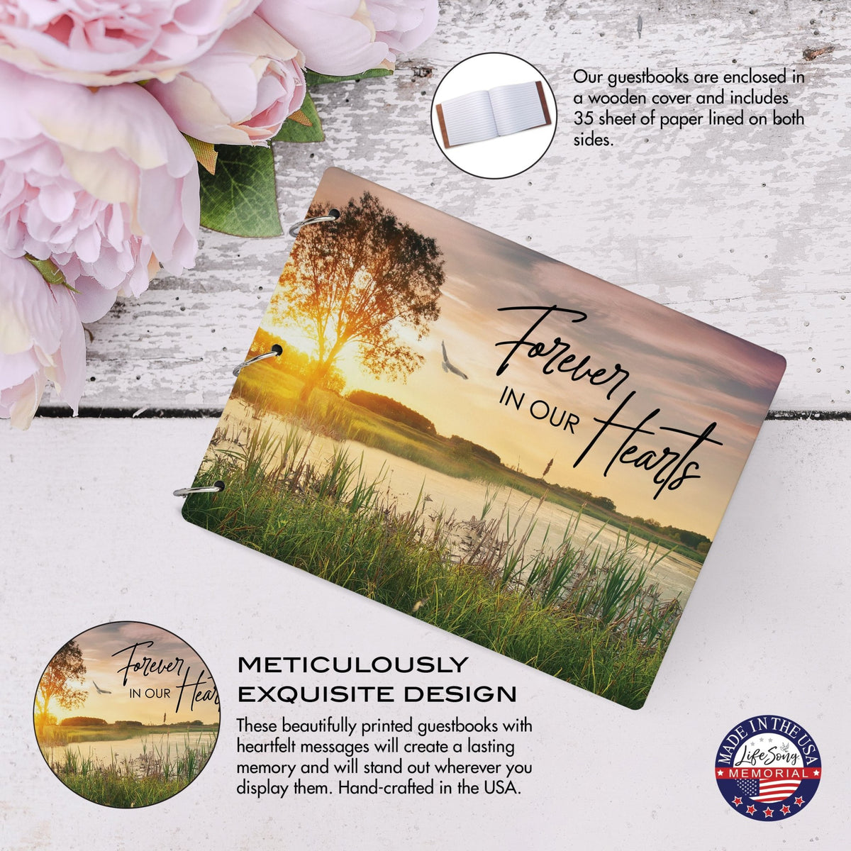 Celebration Of Life Funeral Guest Books For Memorial Services Registry With Wooden Cover - Forever In Our Hearts - LifeSong Milestones