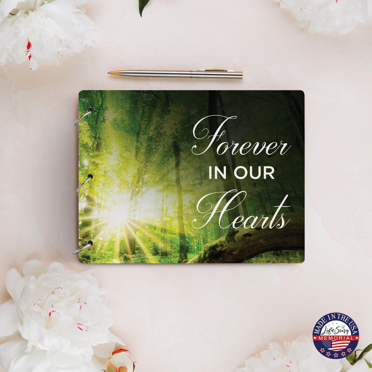 Celebration Of Life Funeral Guest Books For Memorial Services Registry With Wooden Cover - Forever In Our Hearts - LifeSong Milestones