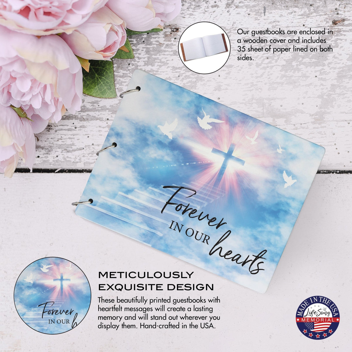 Celebration Of Life Funeral Guest Books For Memorial Services Registry With Wooden Cover - Forever In Our Hearts - LifeSong Milestones