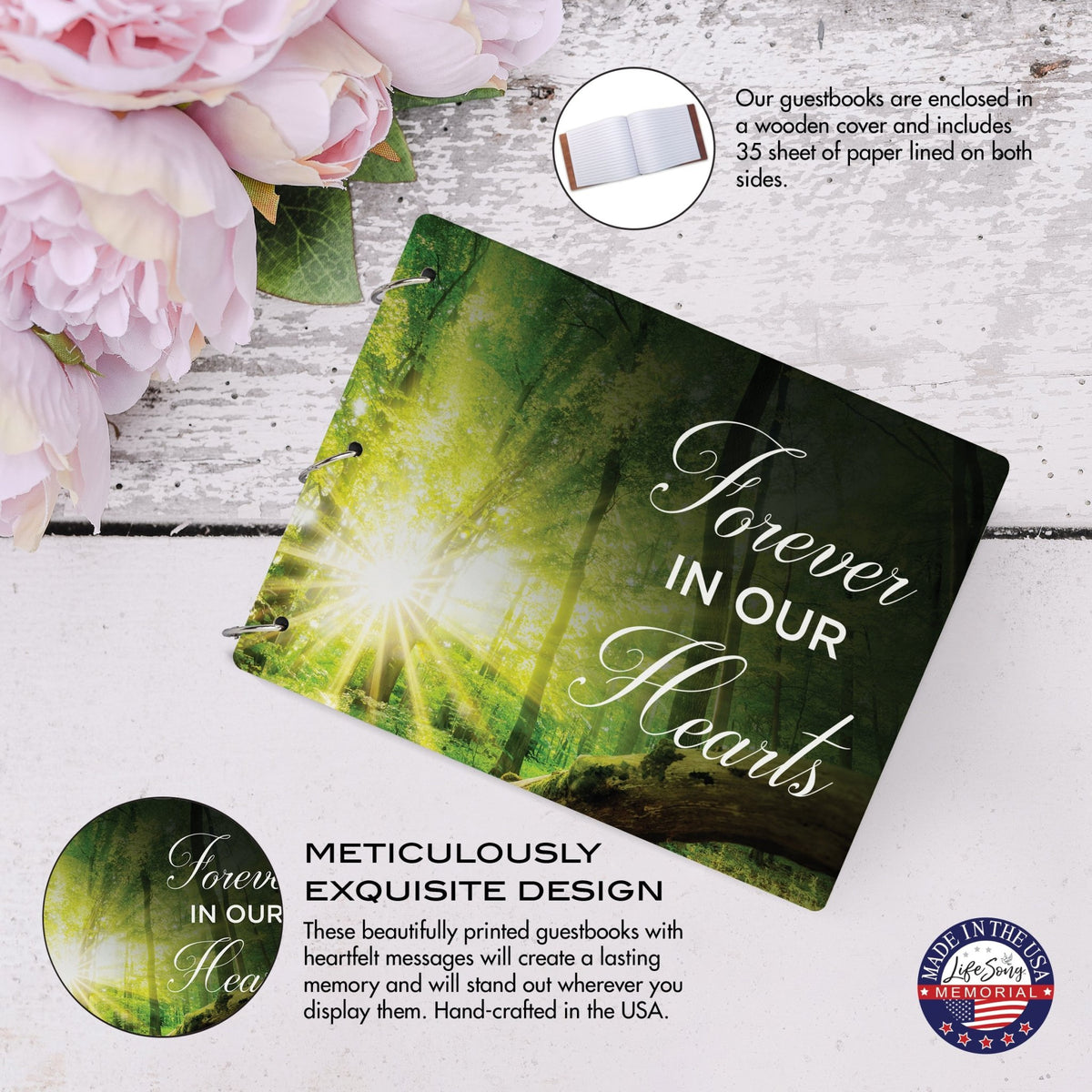 Celebration Of Life Funeral Guest Books For Memorial Services Registry With Wooden Cover - Forever In Our Hearts - LifeSong Milestones