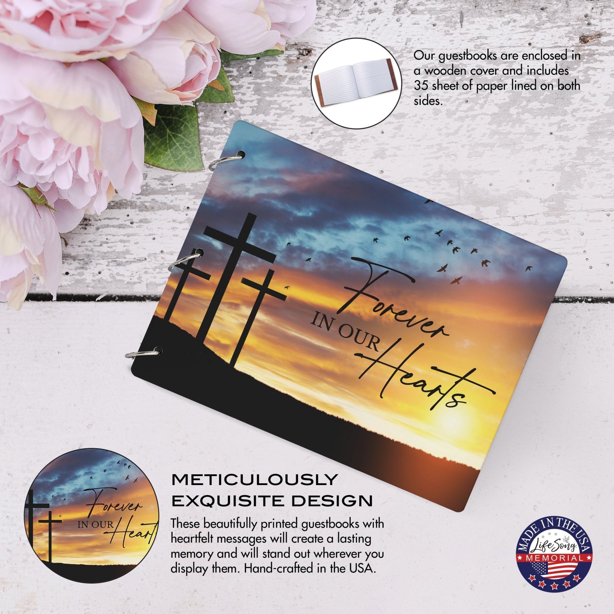 Celebration Of Life Funeral Guest Books For Memorial Services Registry With Wooden Cover - Forever In Our Hearts - LifeSong Milestones